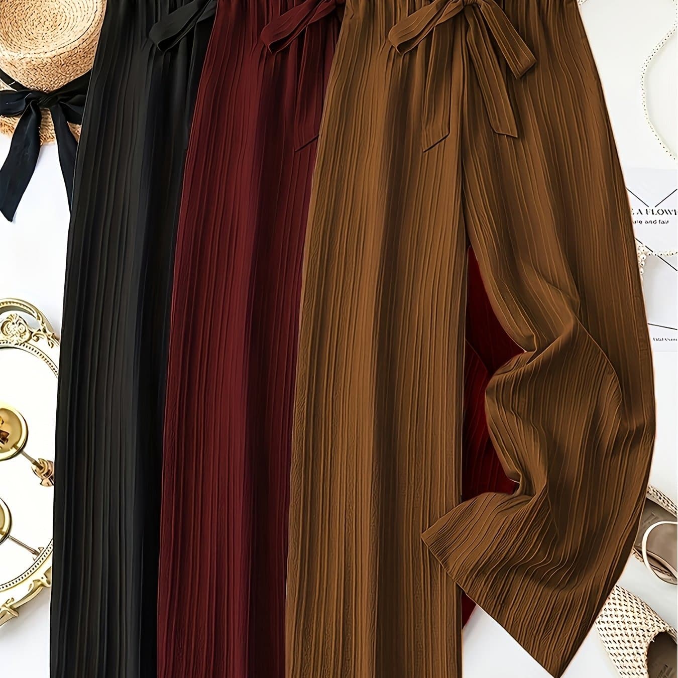 TEMU Set Of 3 Women's Stylish Solid Color Striped Trousers With Bow Accent - Relaxed Fit, Stretchy Waistband, Ideal For Casual Spring And Summer Outfits