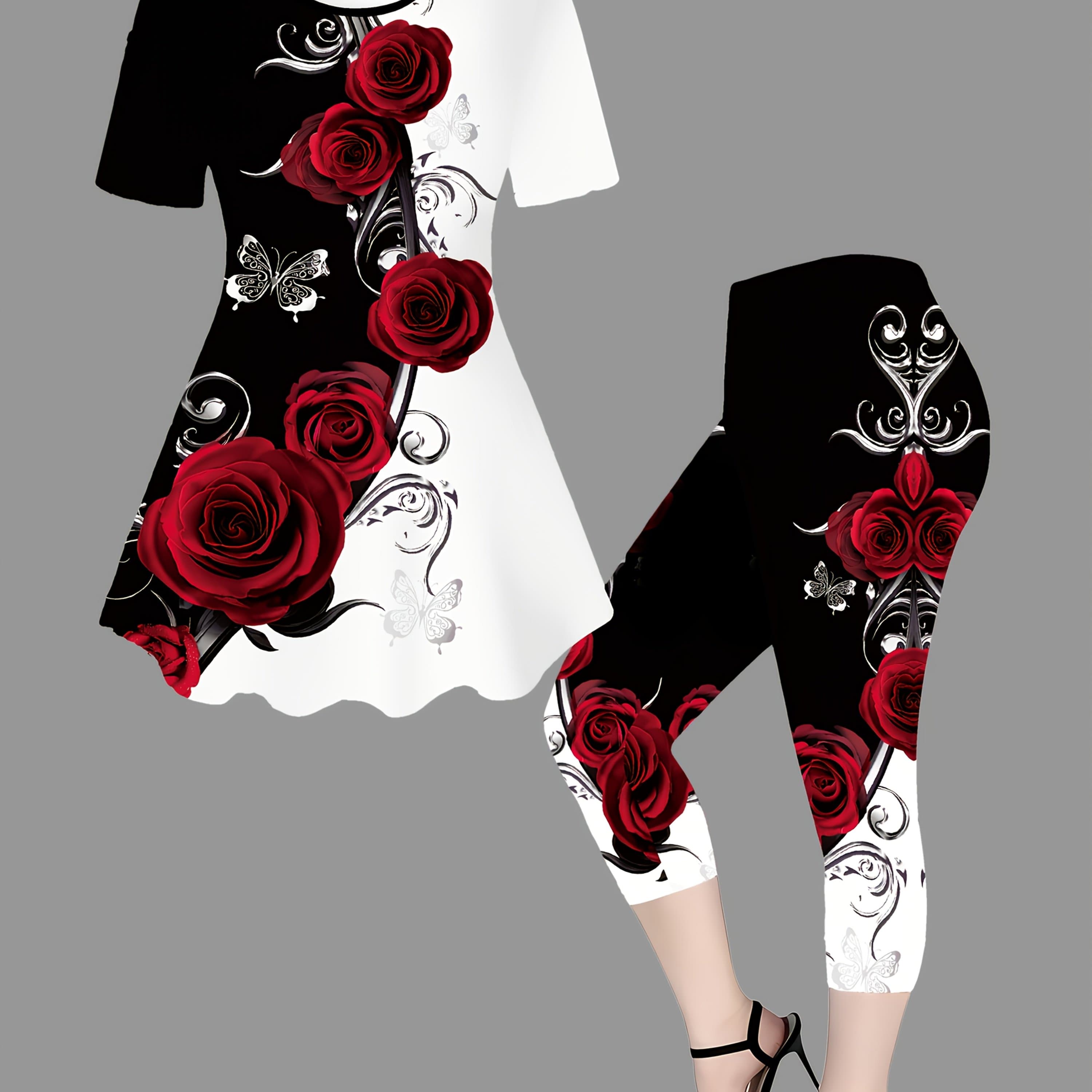 TEMU Casual Short-sleeve Top With A Rose Pattern For Spring And Summer, With Solid Color Leggings Set N010