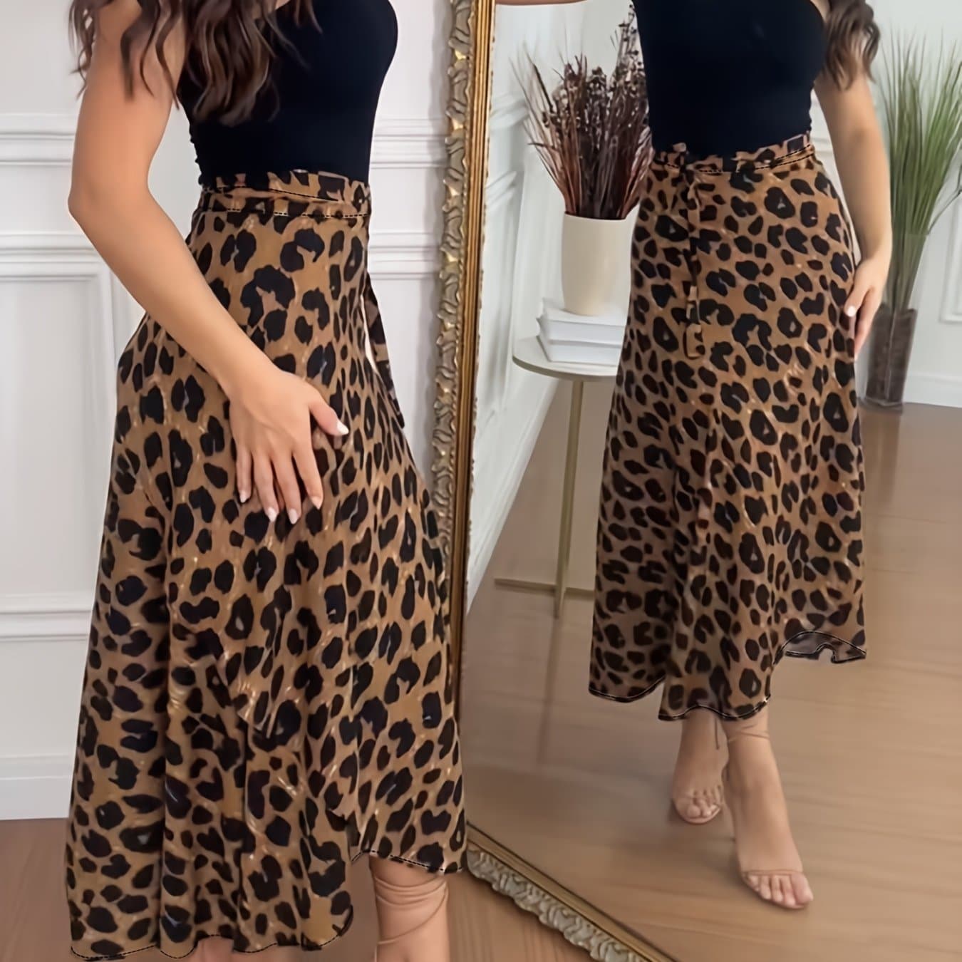TEMU Leopard Print Wrap Skirt With Cross Straps For Casual Vacation Wear