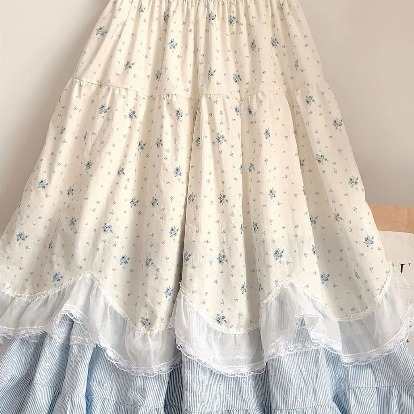 TEMU 2026 New Summer Women's French Sweet Lace Trim Floral Print Elastic High Waist Tiered Flared Maxi Skirt - Bohemian Long Skirt For Daily And Date Night (1pc)
