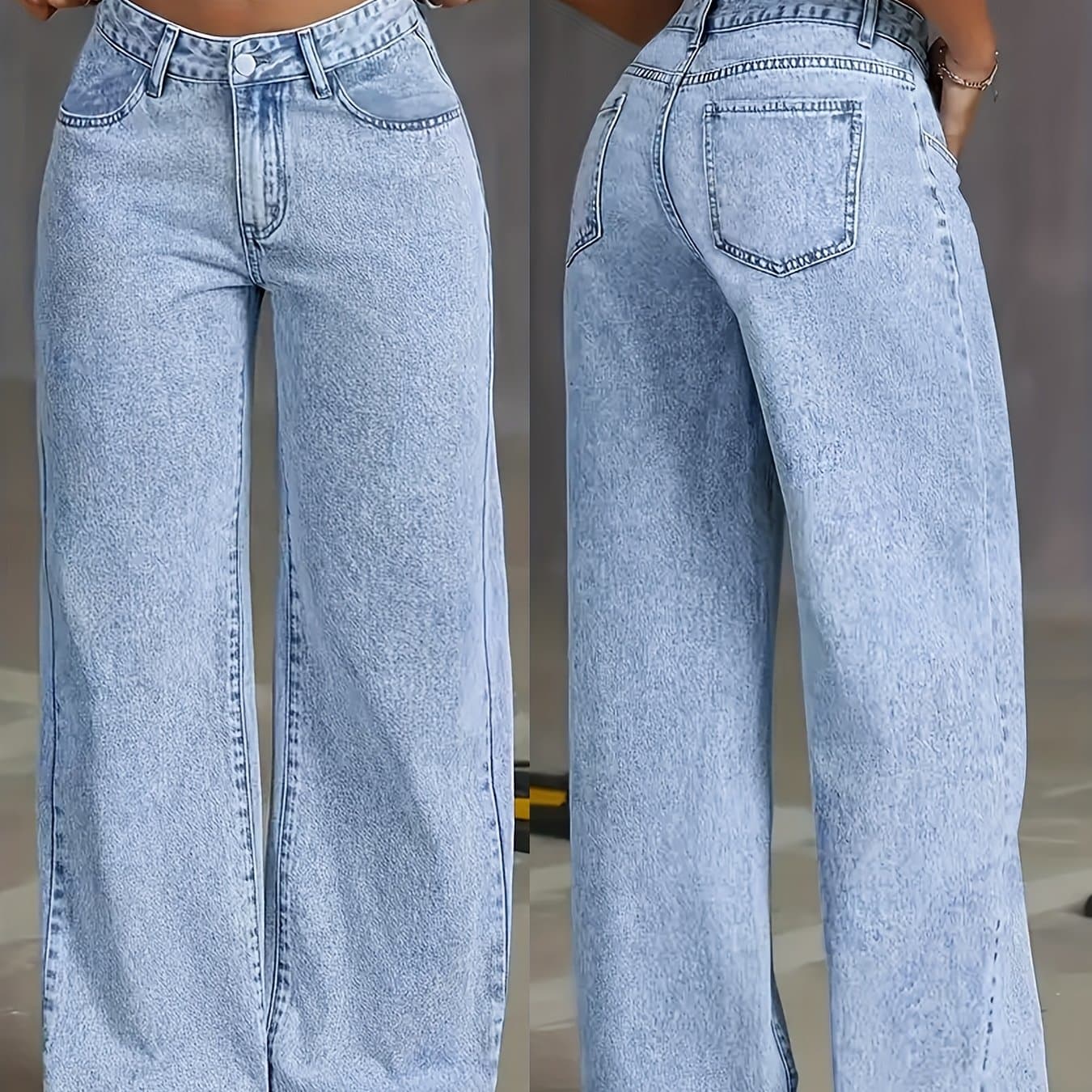 TEMU Women' Wash High-waisted Wide-leg Jeans, Casual Pants, Lazy Style Trousers, Trendy Streetwear Apparel