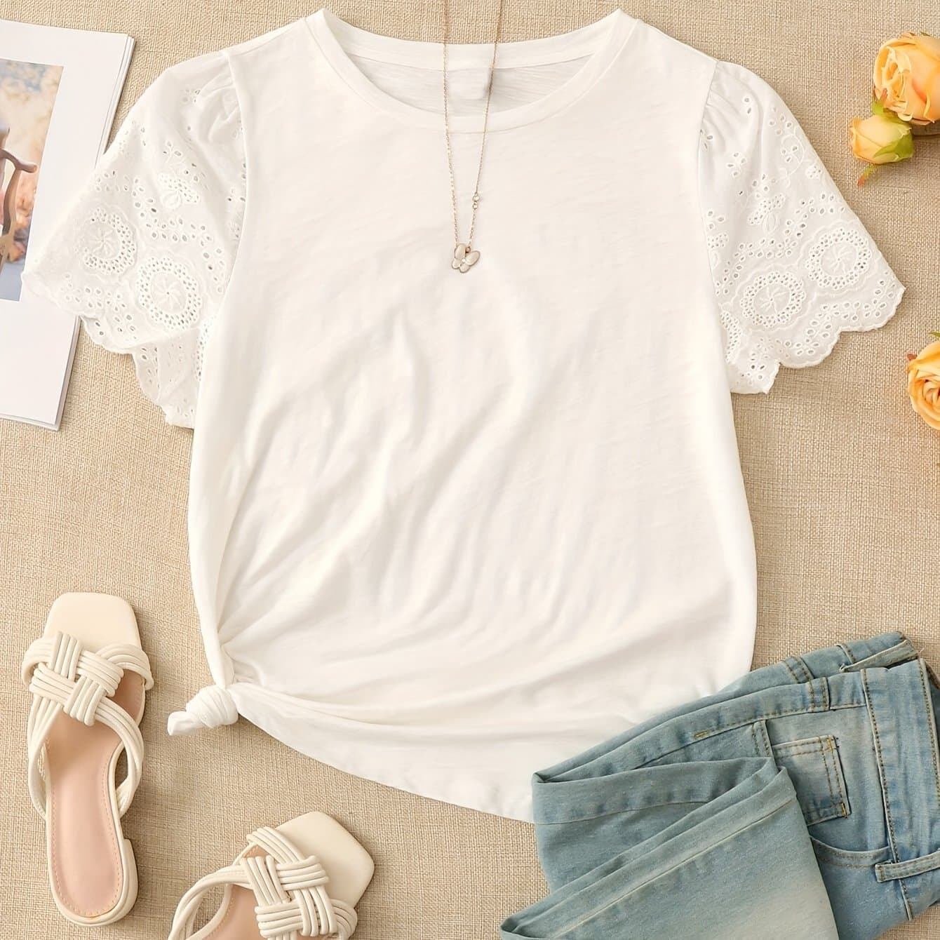 TEMU Eyelet Puff Sleeve T-shirt