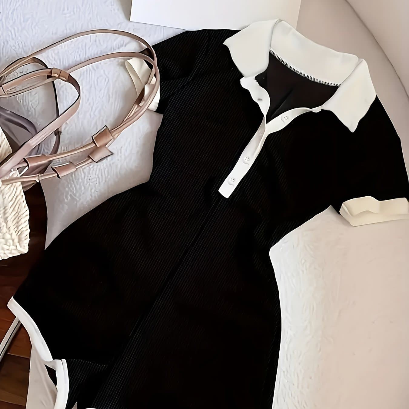 TEMU 1pc Of Elegant Slim-fit Mini Jumpsuit With Contrasting Colors, White Trim, And A Lapel Collar, Featuring Short Sleeves And Shorts