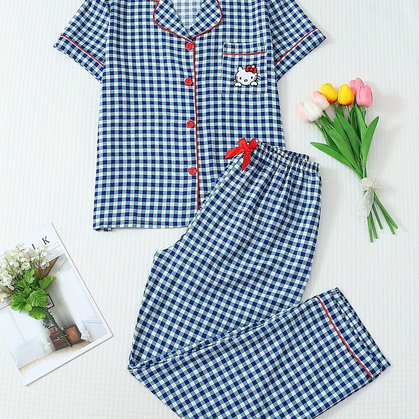 TEMU Authorized Two-piece Spring And Summer Women's Blue And White Checkered Hello Kitty Collared Short-sleeve Button Pocket Top And Bow Long Pants Pajama Set Suitable For Home Use