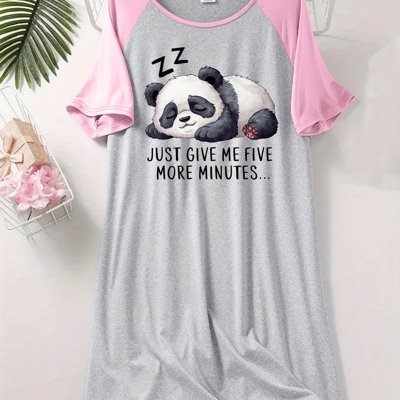 TEMU Panda Print, Raglan Sleeve Nightgown, Round Neck Short Sleeve Casual Women's Wear E21