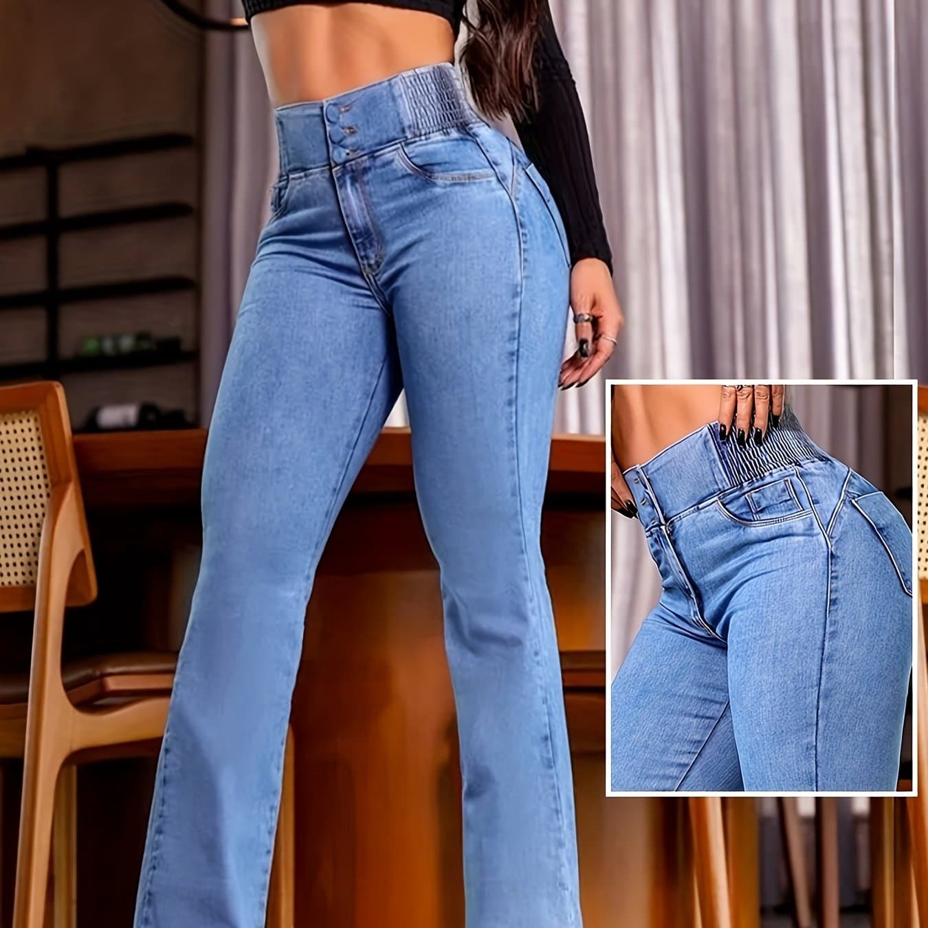 TEMU Curveease Back Shirred Button Front High Waist Jeans Skinny Flared Denim Jeggings