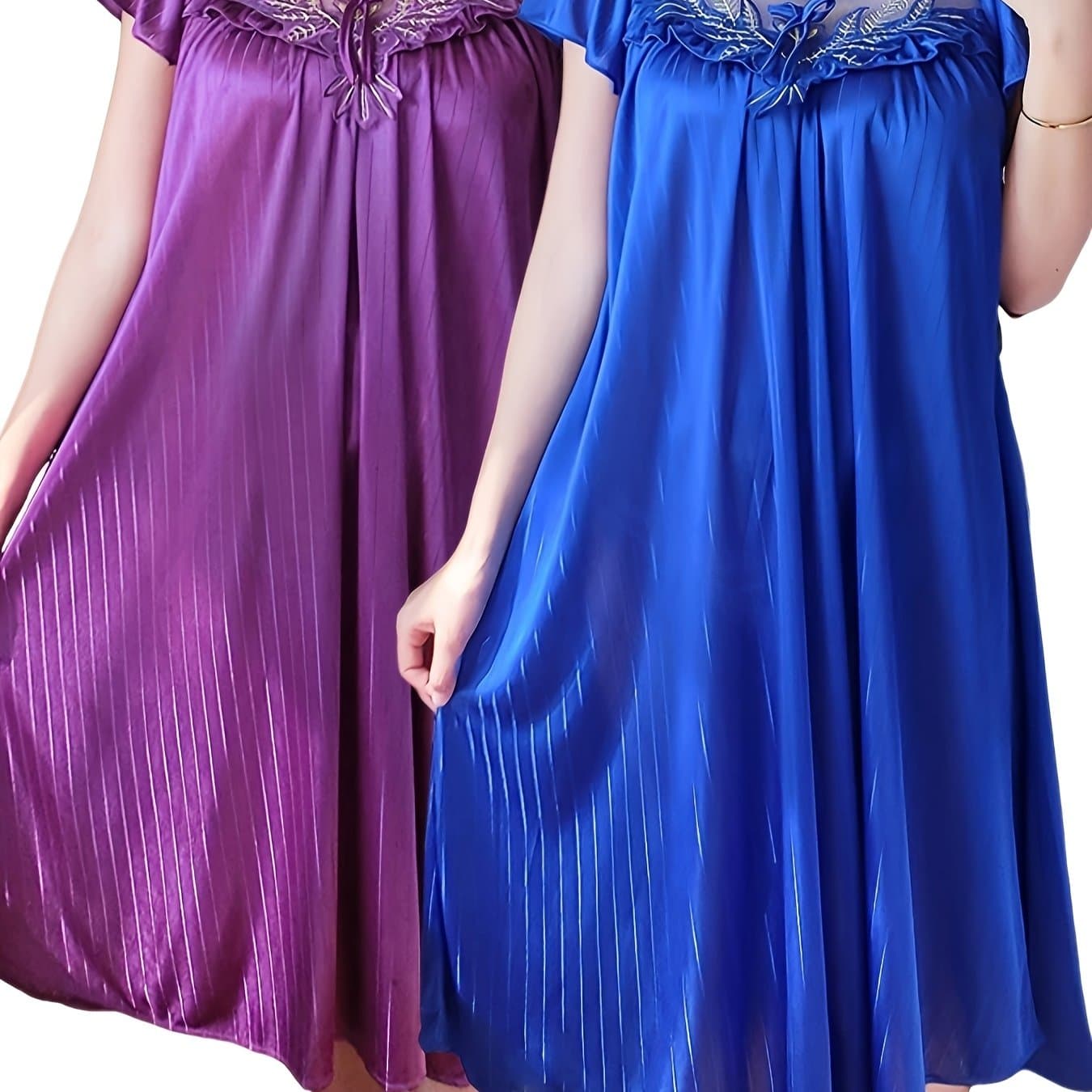 TEMU 2-pack Women's Sexy Lace Trim Short Sleeve Night Dresses, Solid Color Polyester 95%, Elastane 5%. Crew Neck Fabric Sleepwear, Spring/summer Collection, 92g/m² Lightweight