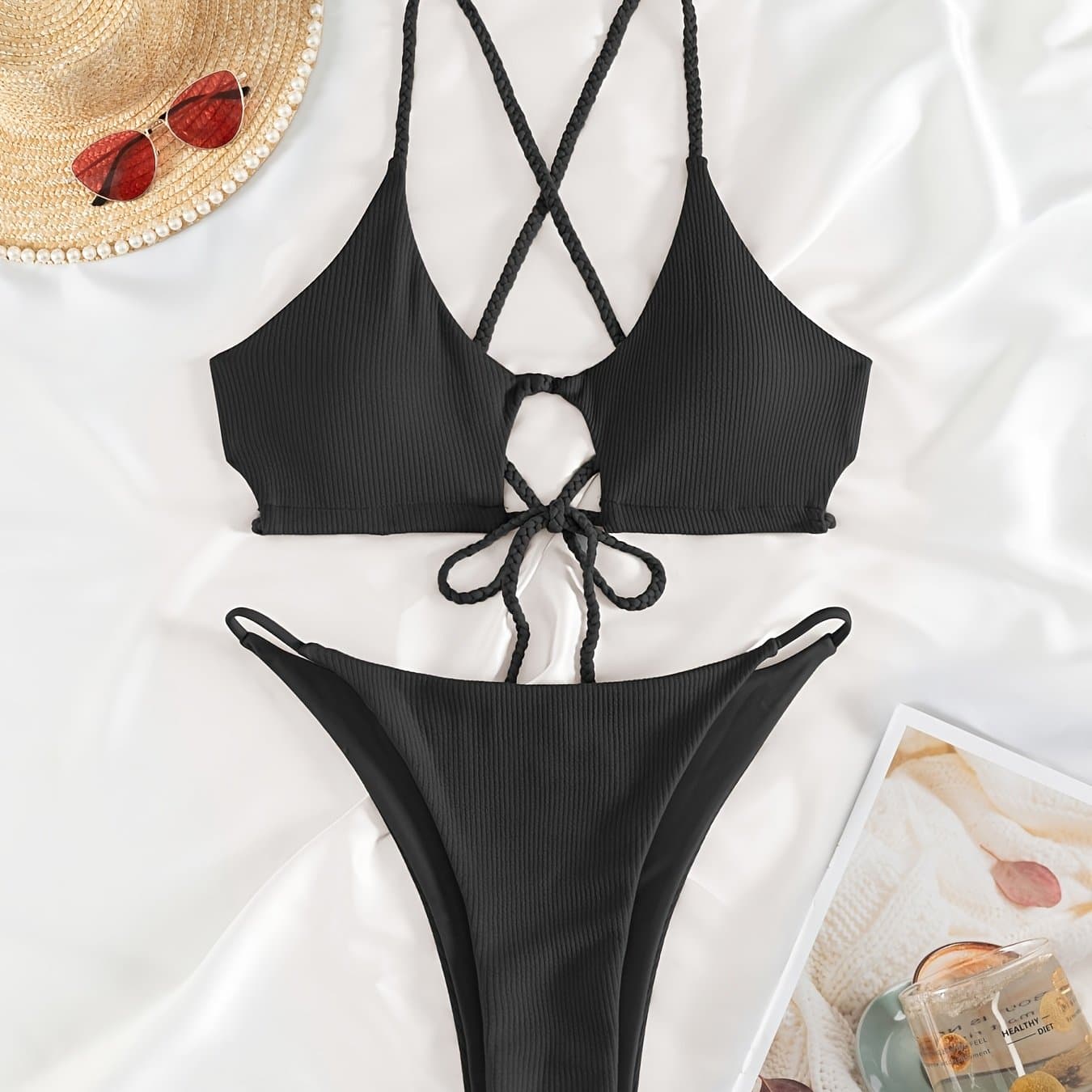 TEMU Sexy 2pcs Solid Color Bikini Set - Women's Swimwear & Clothing - High Cut, Spaghetti Straps, Comfortable, Summer Must-have, Beach Essentials