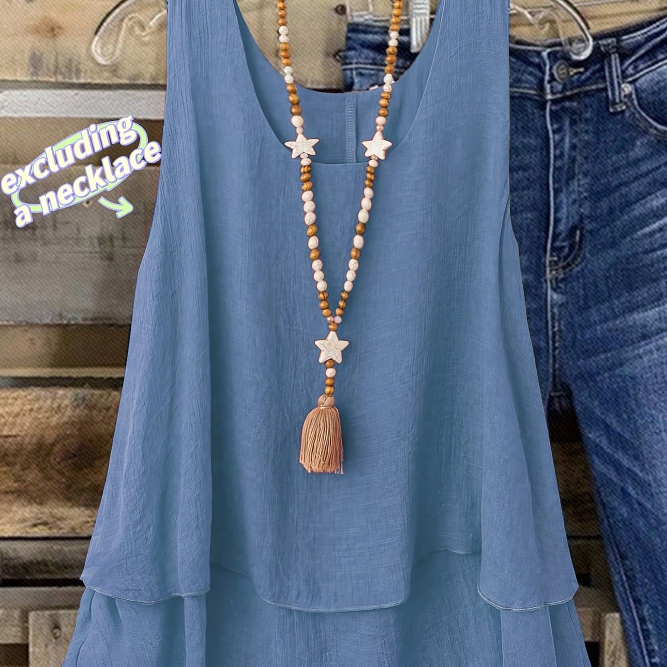 TEMU Plus Size Women's Bohemian Sleeveless Tank Top - Lightweight Loose Fit Round Neck Vest For Casual Vacation Wear Excluding A Necklace