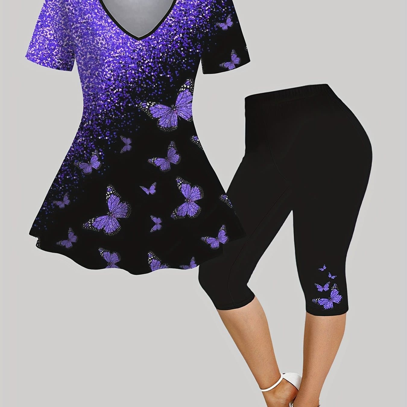 TEMU Plus Size, Plus Size Print 2pcs Set, Casual Color Block V Neck Short Sleeve Top & Capri Pants Outfits, Women's Plus Size Clothing