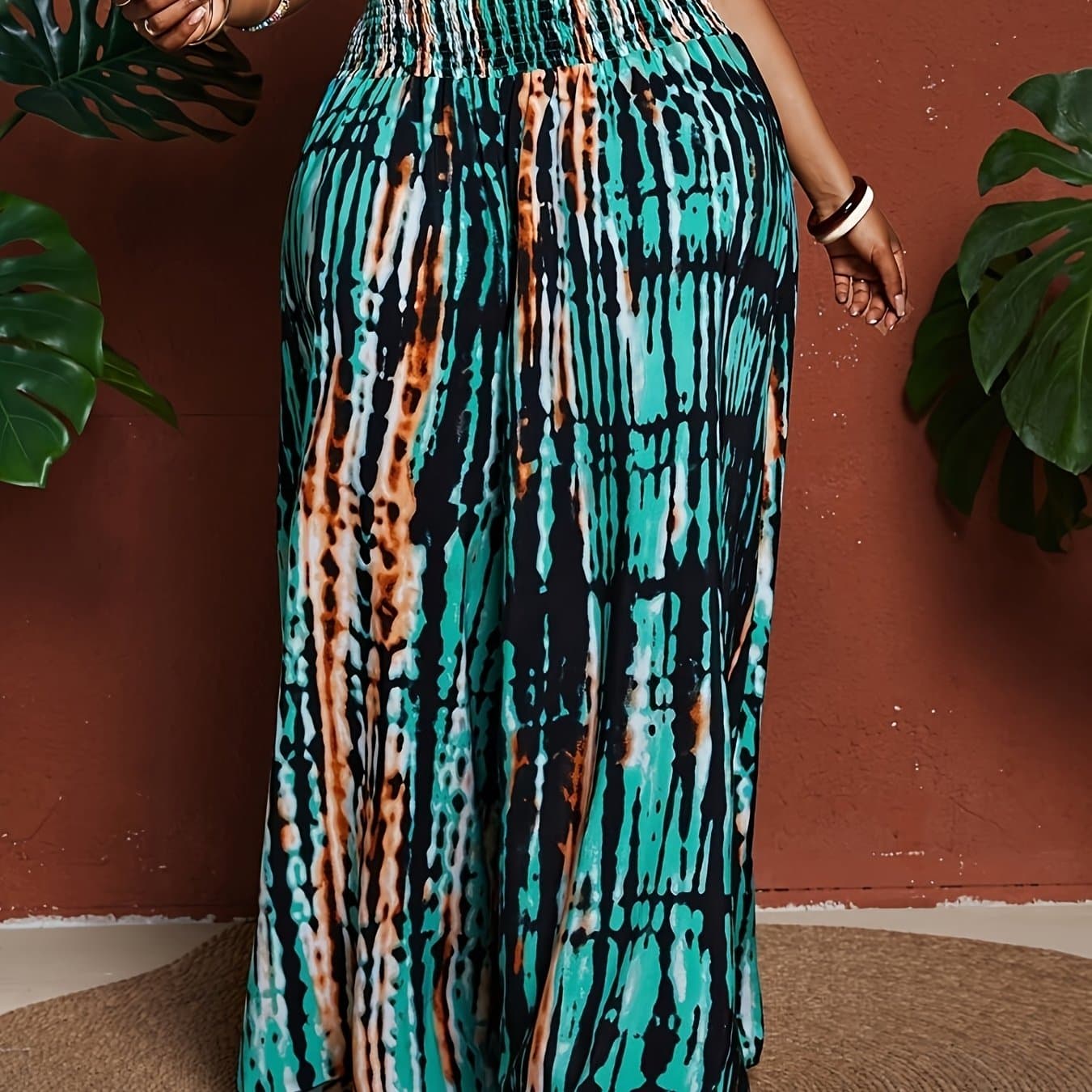 TEMU Plus Size, Bohemian-style Plus-size Trousers With Tie-dye Print, Elastic Drawstring Waist, Relaxed Fit, Ideal For Music Festivals And Beach Trips