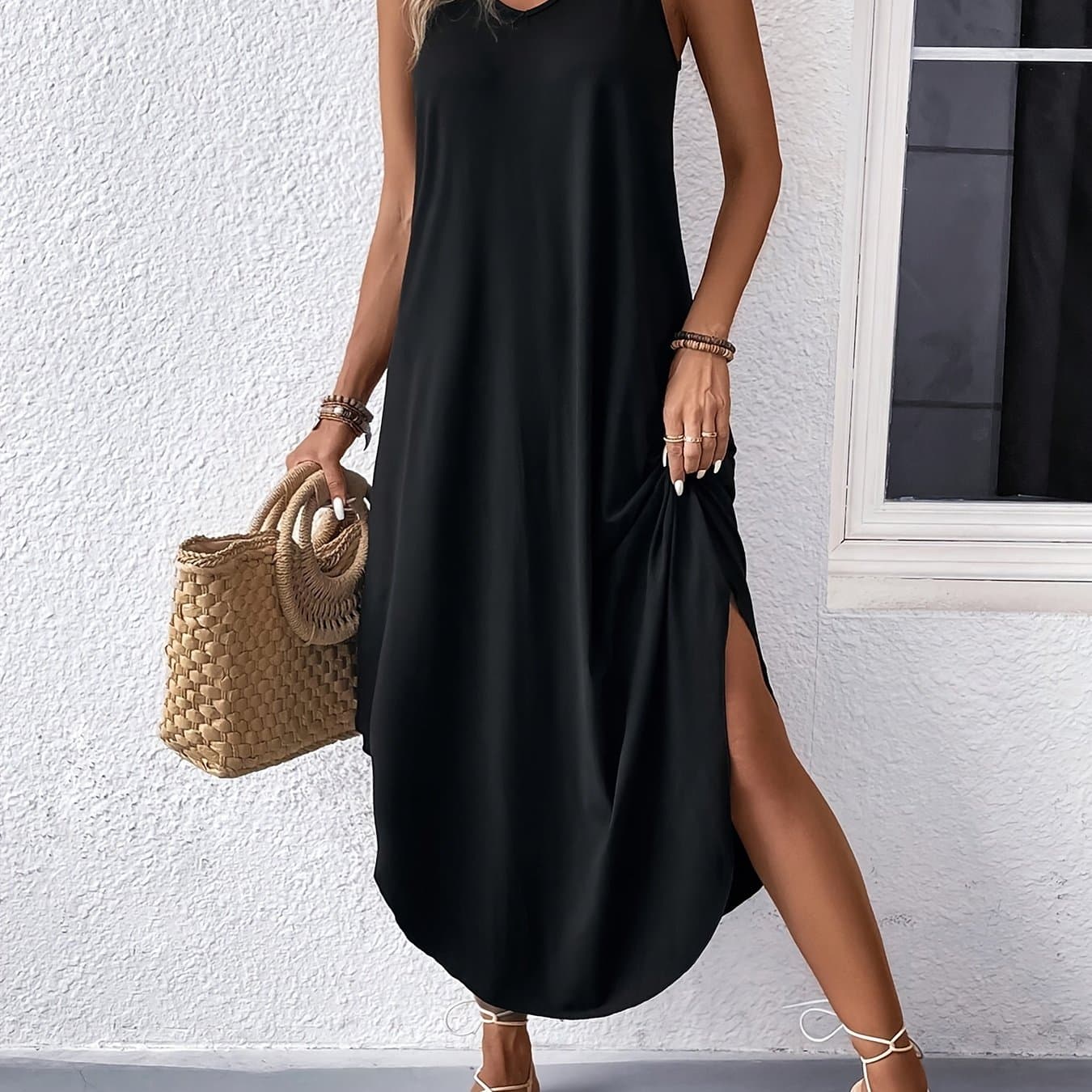 TEMU Solid Color Curved Hem Spaghetti Strap Dress