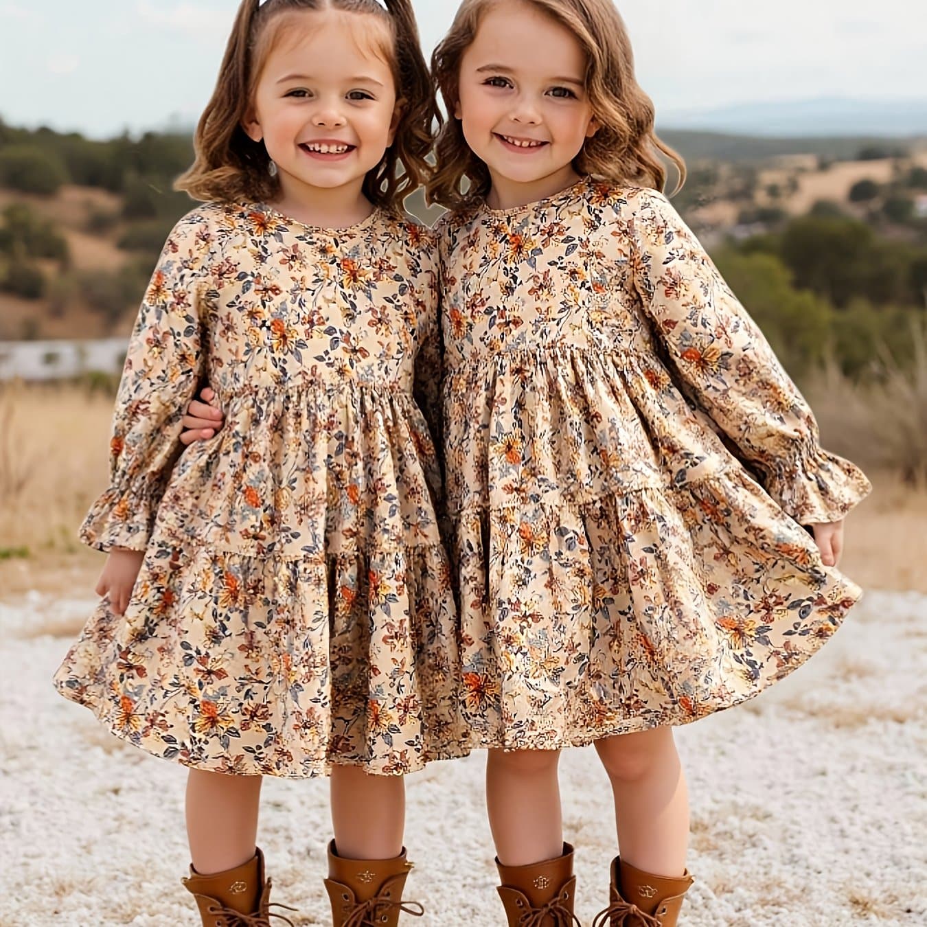 TEMU Girl's Autumn Retro Floral Print Long Sleeve Skirt Dress, Fashion Casual Dress, Suitable For Outdoor Wear, Perfect Gift For Kids