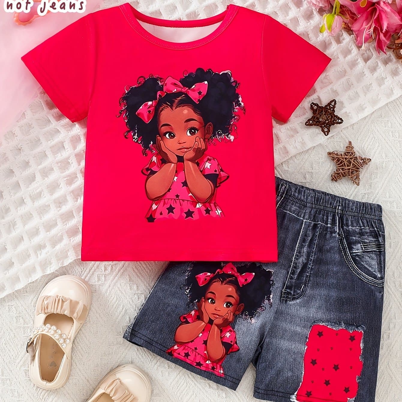 TEMU Girls' Fashion Short-sleeve Printed Top, And Denim Shorts, Perfect For Going Out, For Outdoor