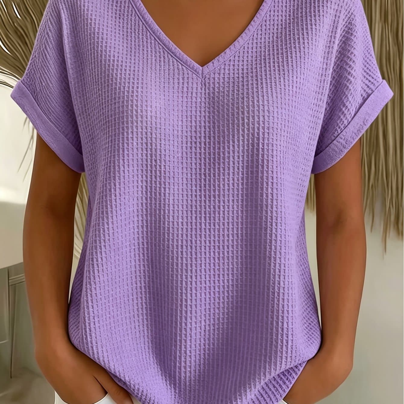TEMU Plus Size - Ji Ce Extension - Plus Women's Summer Plus Size Waffle Texture V-neck Short Sleeve Loose Roll-up Sleeve Top