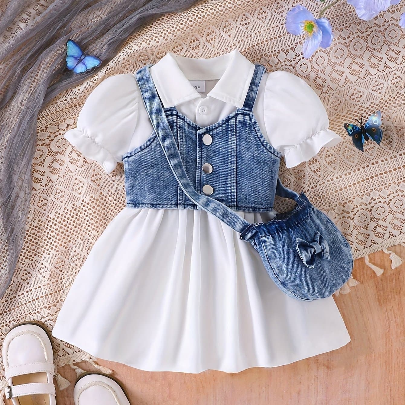 TEMU Three-piece Baby Girl Set: Denim Short Vest Jacket + Plain Notched Neck Bubble Short-sleeve Belted Dress + Bow-decorated Denim Crossbody Bag, For Outdoor