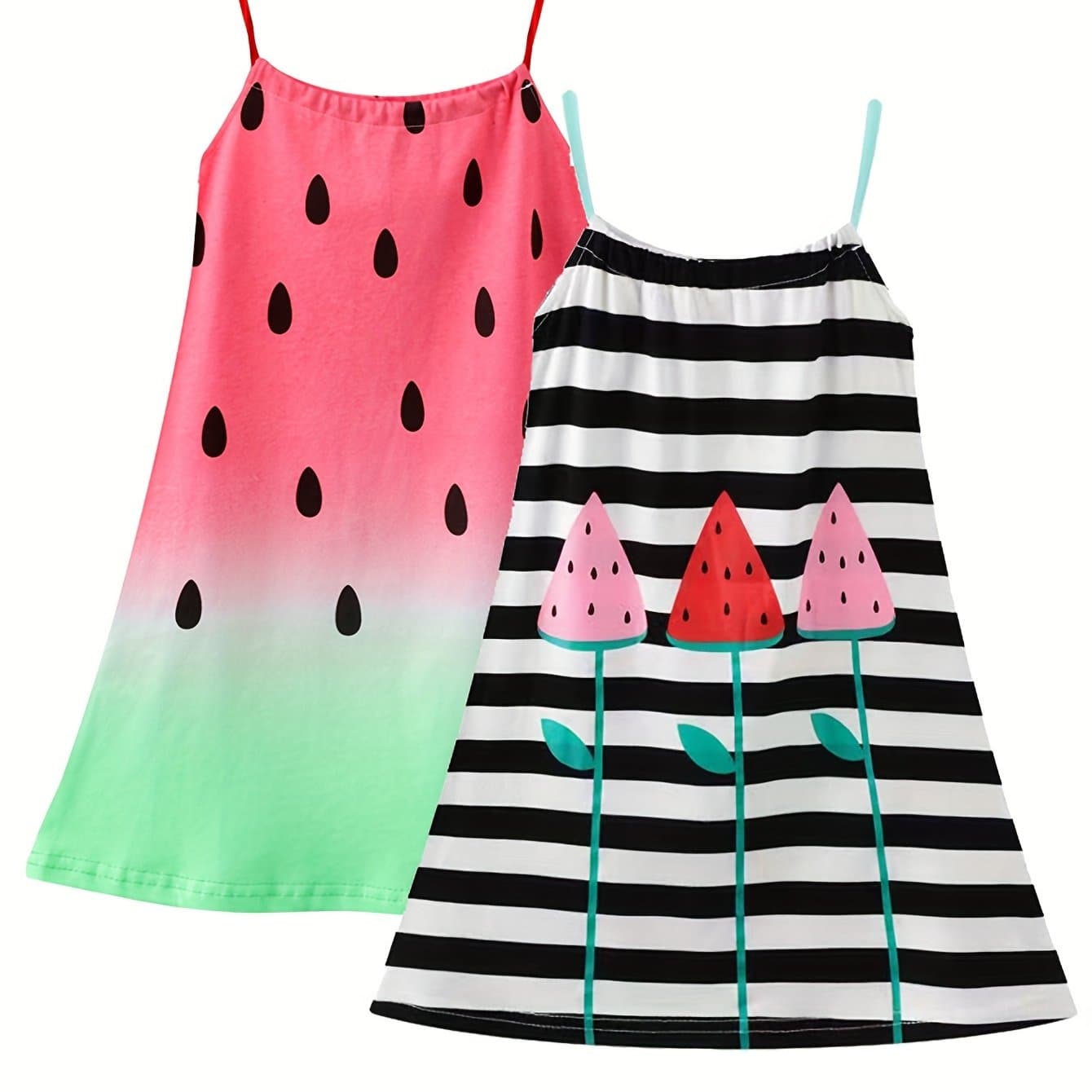 TEMU Two-piece Set Girls' Comfortable Sleeveless Spaghetti Suspender Dress With Watermelon Print, Pure Cotton, Sweat-absorbent, Casual Beach Dress For -8 Years