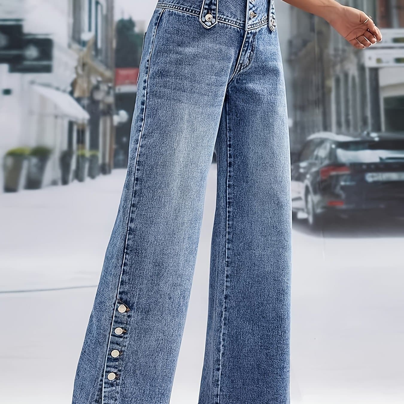 TEMU Women' Casual Fashion Button Waistband Loose Jeans, With Open Design, Suitable For Home, Outdoor Street Shopping, Holiday Travel, Airport, And Versatile For All , Machine Washable.