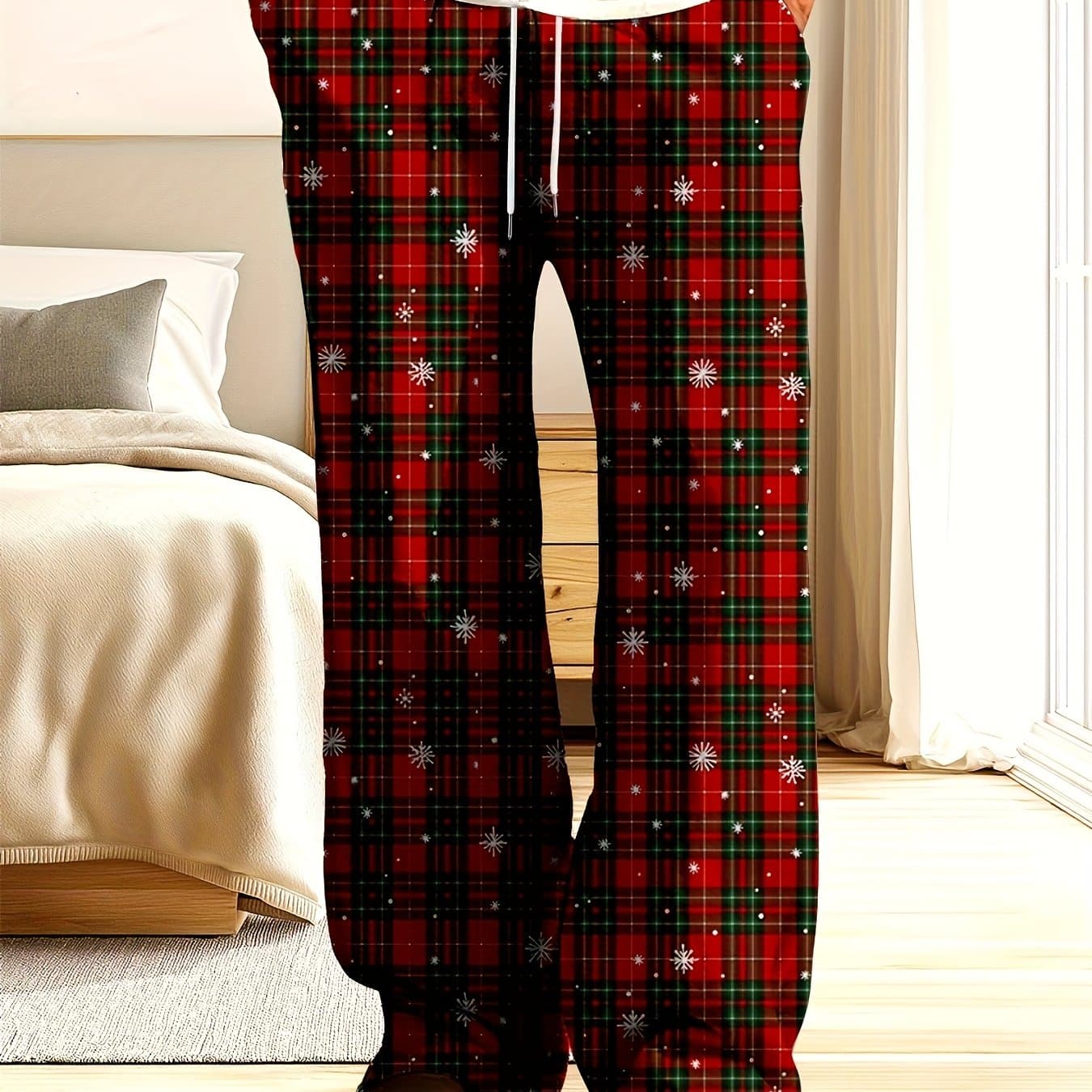 TEMU Men's 2025 Snowflake Plaid Print Full-body Pants With Drawstring Waist - Loose-fit Straight Leg Trousers, Machine Washable Winter Christmas Party Outfits & Casual Wear ( Snowflake Pattern)