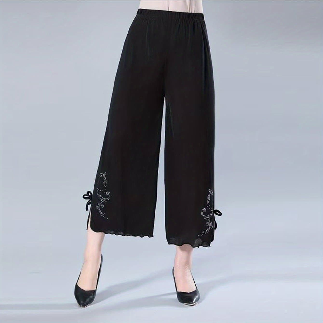 TEMU Plus Size - Plus Size - 2025 Summer New Diamond-encrusted Wide-leg Pants Middle-aged And Elderly Large-size Pants Nine-point Pants Easy Commuter Mother Model