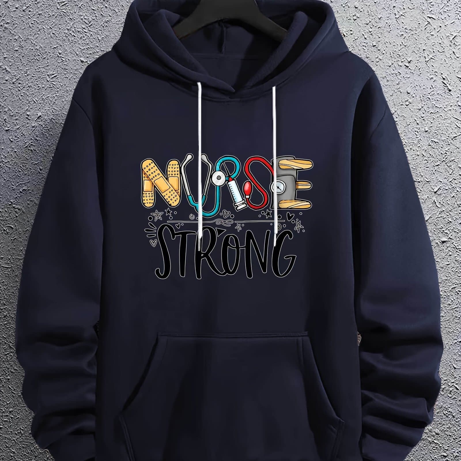 TEMU Men's Casual Polyester Hoodie With "nurse Strong" Letter Print, Slight Stretch Knit Fabric, Regular Fit Hooded Sweatshirt For Fall/winter