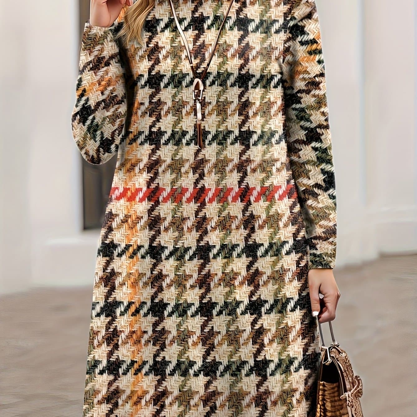TEMU [printed Design - Not Textured] Women's Turtleneck Sweater Dress, Long Sleeve Multicolor Pattern Print Pullover, Soft Material, Slim Fit Look For Fall Winter