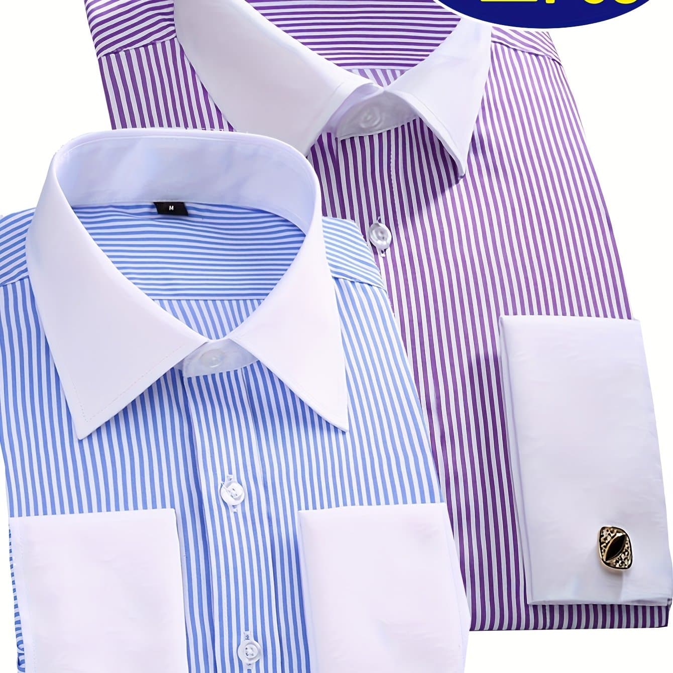 TEMU Men's French Cuff Shirt 2-pc Color Block Collar Business Formal Dress Shirt With Detachable Cufflinks And Wrinkle Resistant Pocket