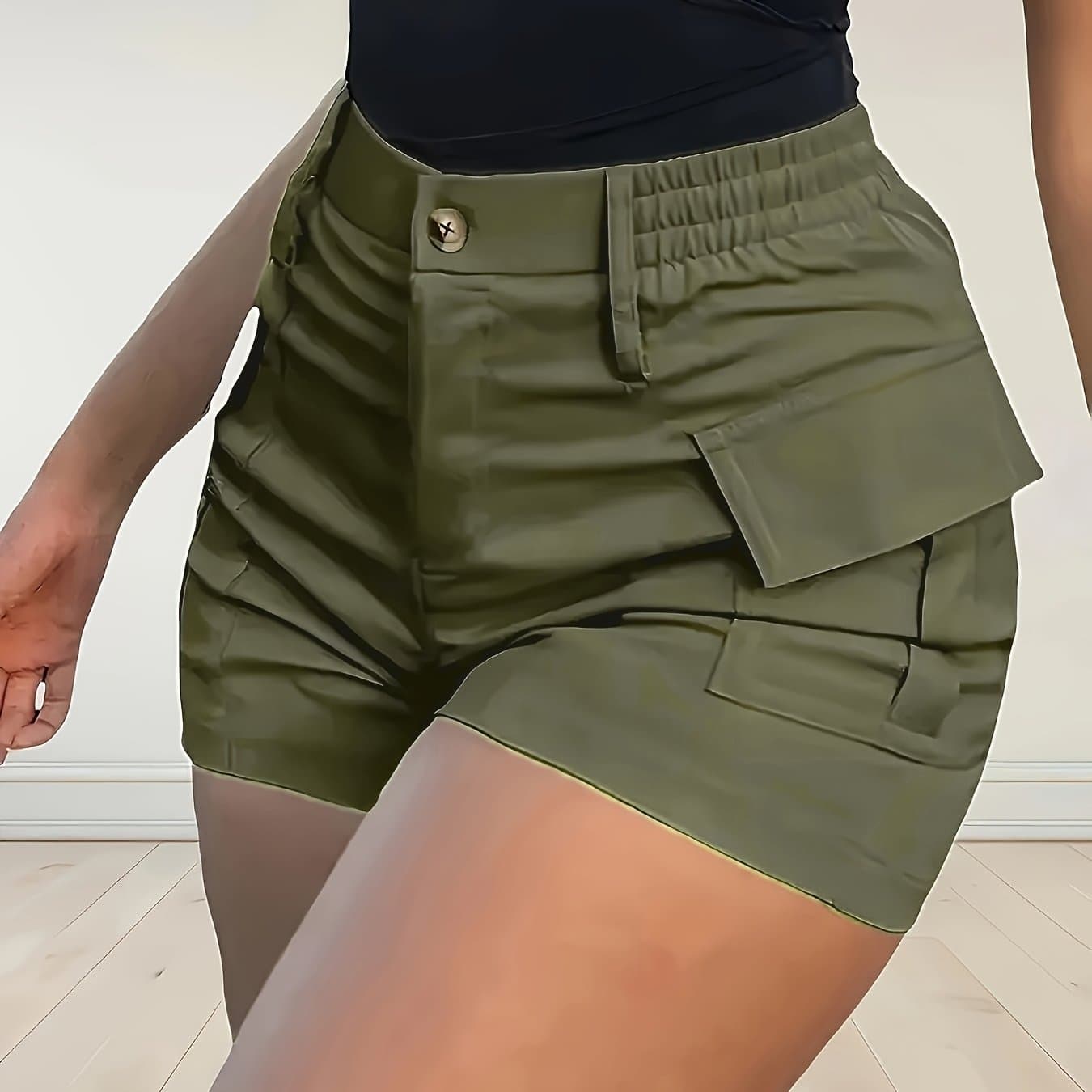 TEMU Women's High-waist Solid Color Shorts With Zippered Pockets - Stretchy Material, Casual Summer Shorts Suitable For Outdoor Activities, Casual Summer Wear | Zippered Shorts | Soft Texture
