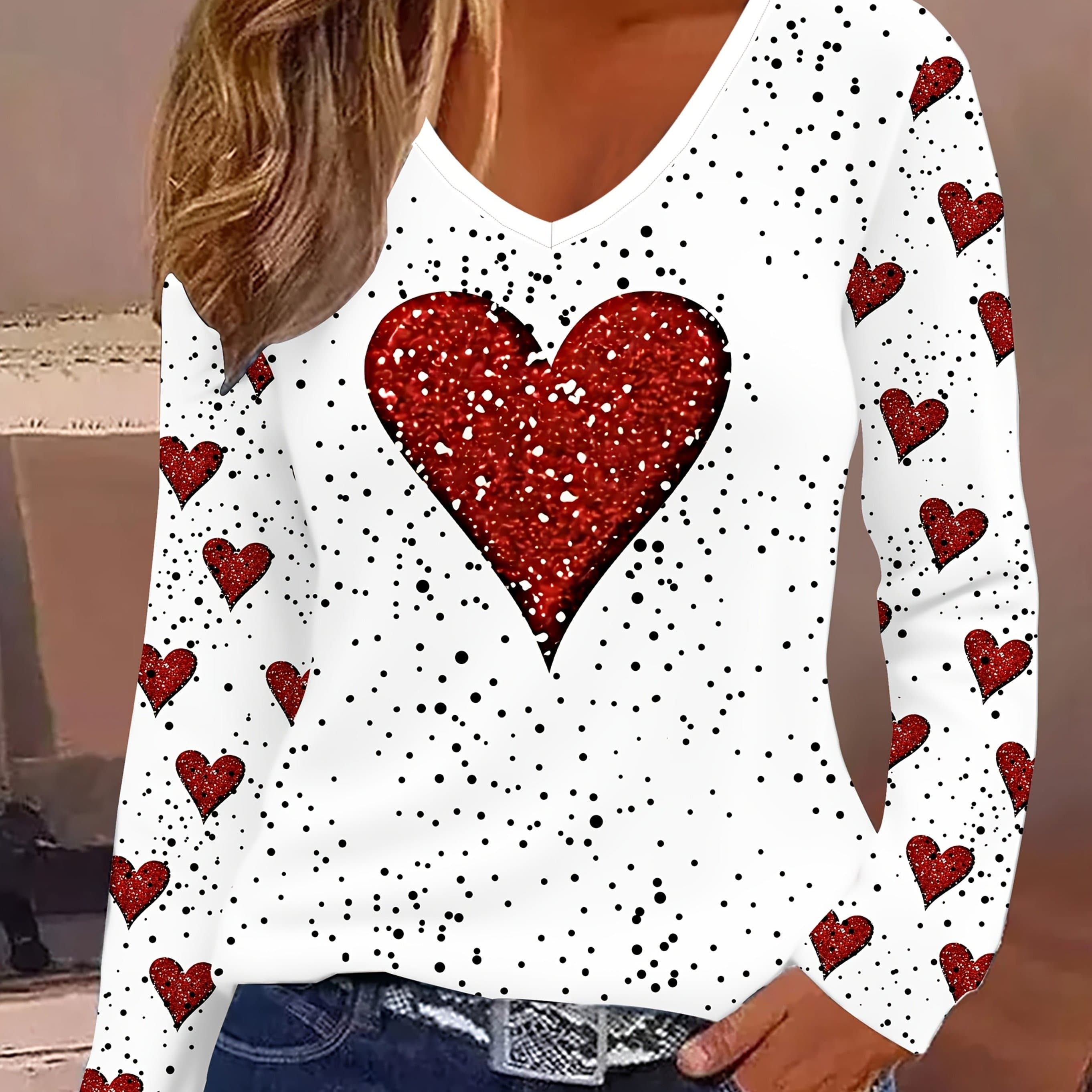 TEMU [directional] Women's Casual Elegant Valentine's Day Heart Pattern V-neck 3d Printed Long Sleeve T-shirt