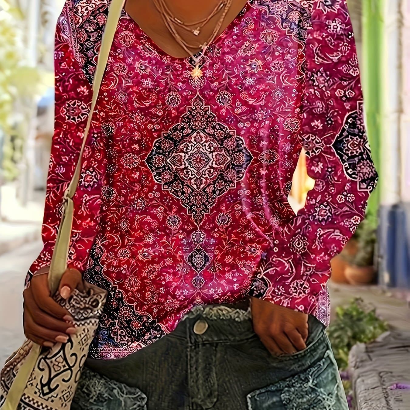 TEMU Women's Boho Floral V-neck Long Sleeve T-shirt - Polyester, Vibrant Mandala Print, Regular Fit Casual Top For Spring Summer Fall