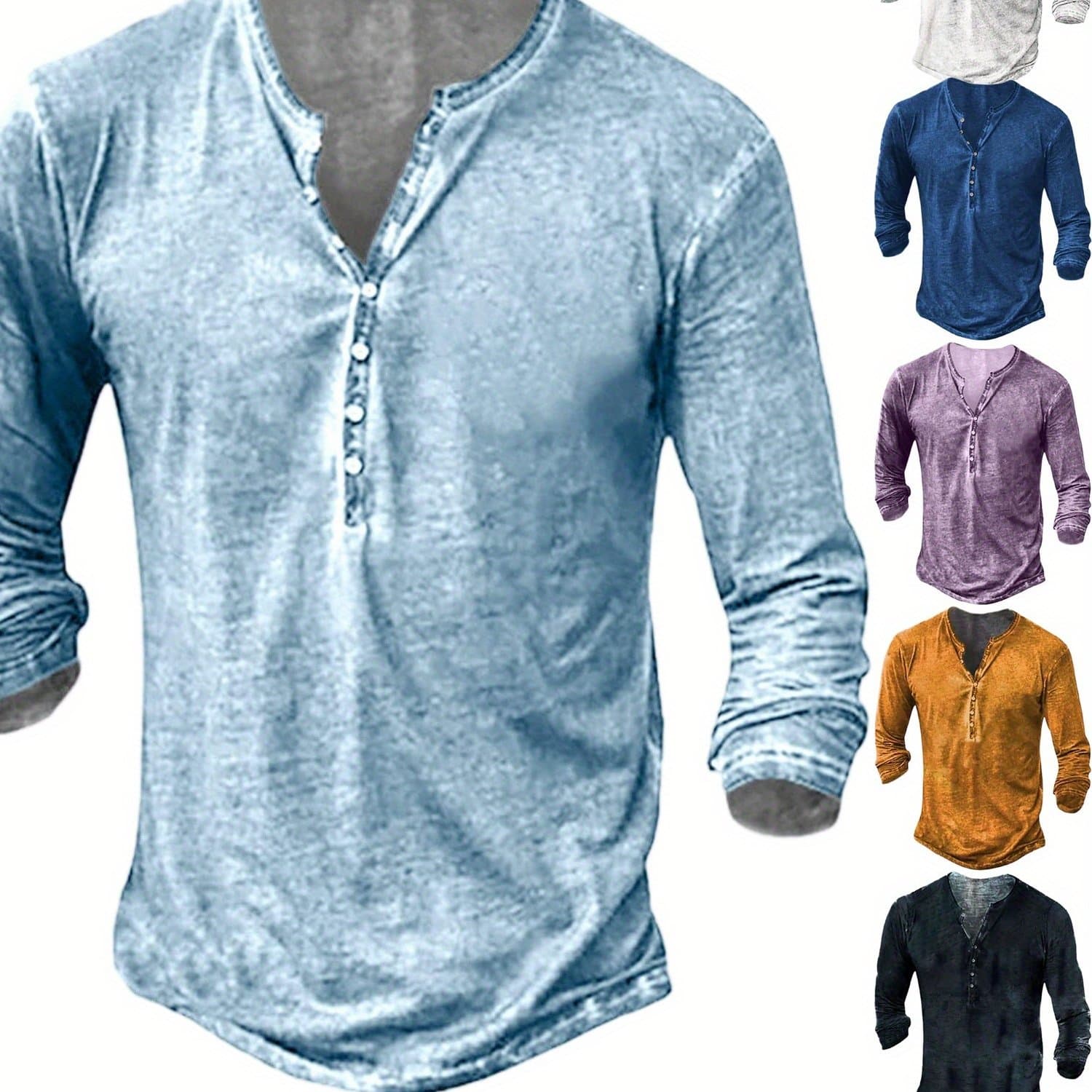 TEMU Men's Distressed Henley Shirts Front Retro Long Sleeve T Shirts Casual Button Washed T Shirts For Men