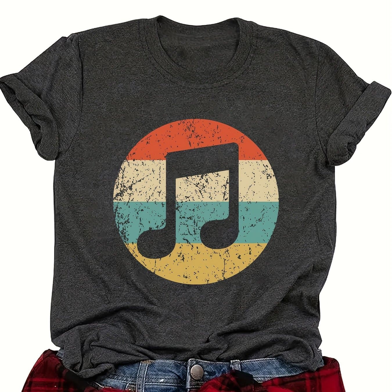 TEMU Women's Casual Music Signature () T-shirt - Round Neck Short Sleeve Top, Non-transparent Fabric Suitable For Festivals, Concerts & Daily Wear - Machine Washable Musical Score Blouse