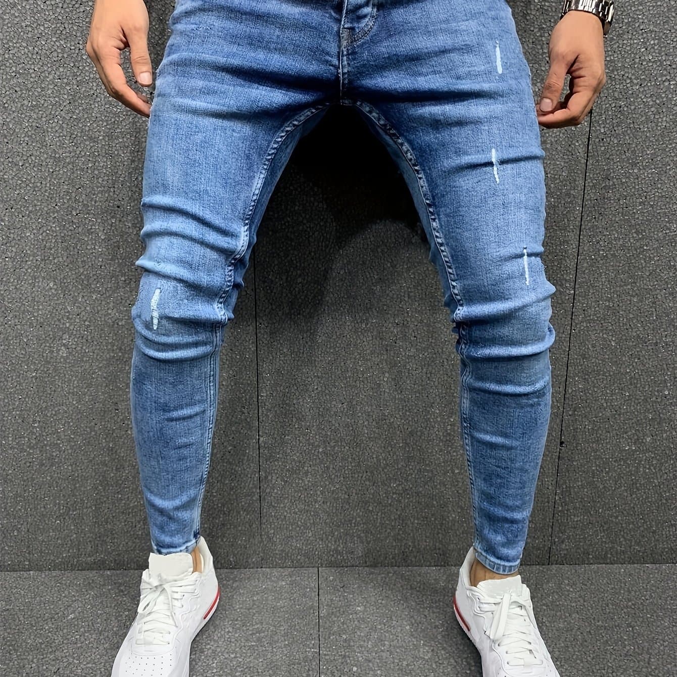 TEMU Men's Jeans Elastic Simple Ripped Jeans Men's Wear-breaking Trousers, Suitable For All