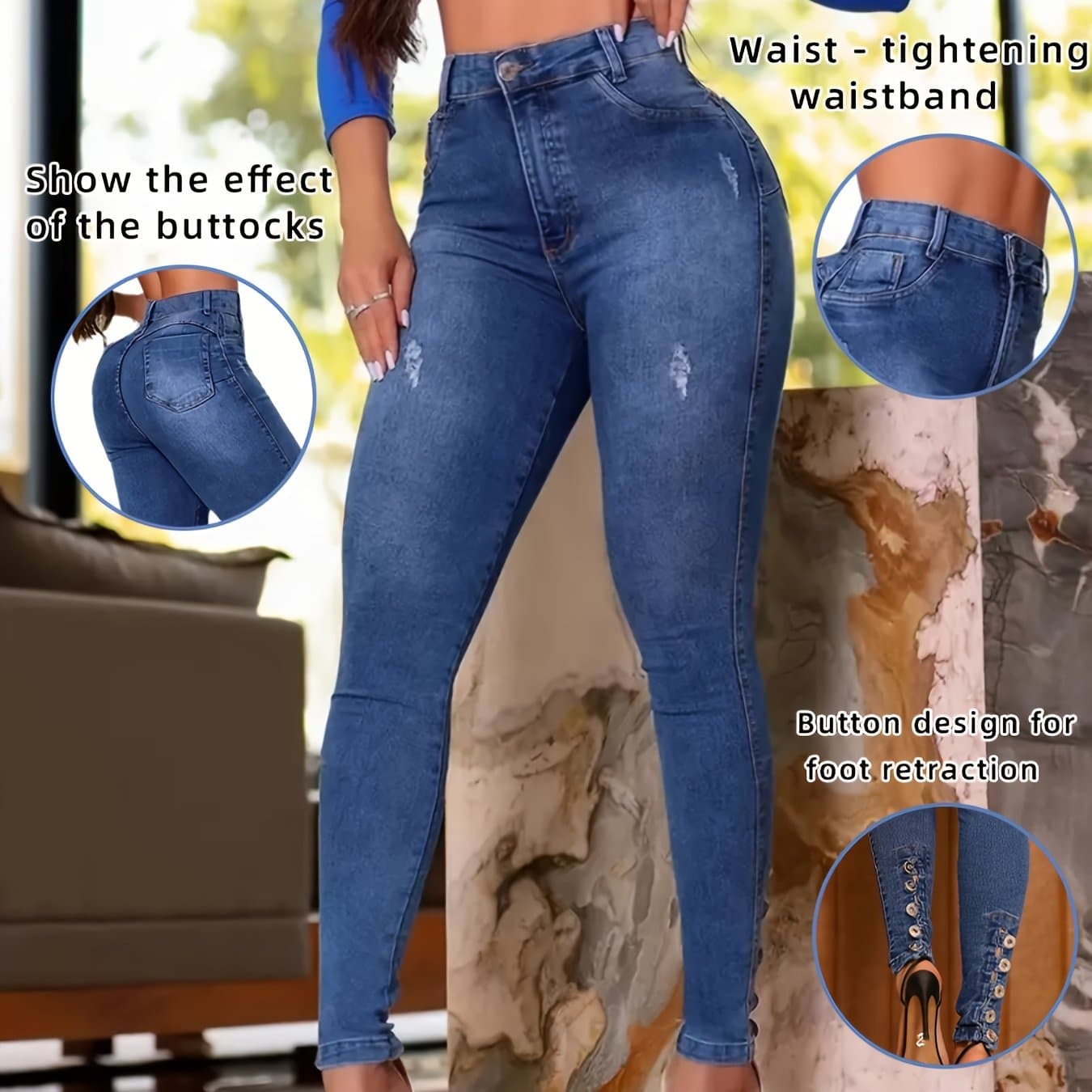 TEMU 2025 Spring New High Waist Stretch Jeans Women's Tight Hip Lifting Fashion Skinny Pants Fabric Womenswear