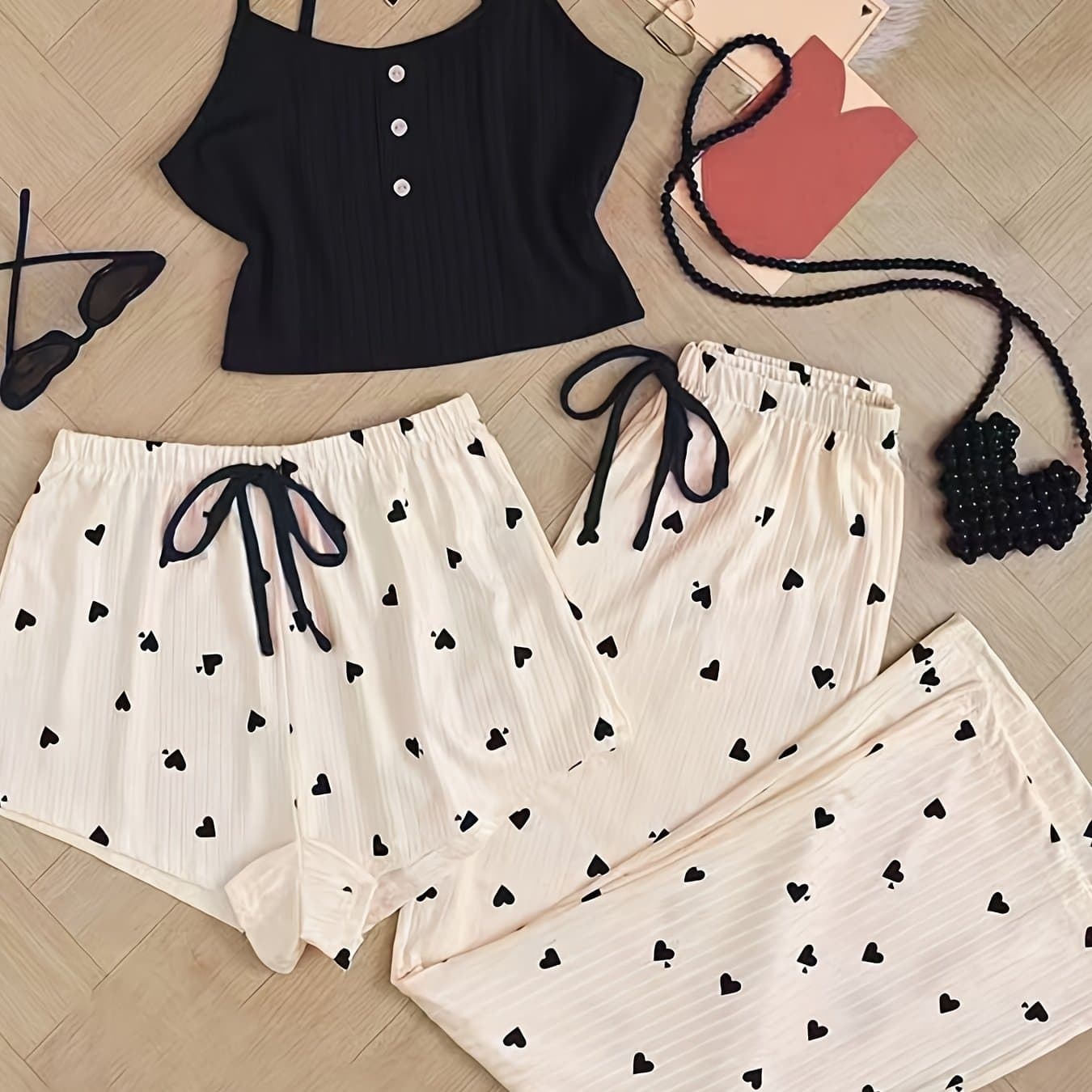 TEMU Three-piece Loungewear Set - Cozy, Cute, Sweet & Outfit, New Loungewear Collection With Long Pants, Shorts, And Tank Top