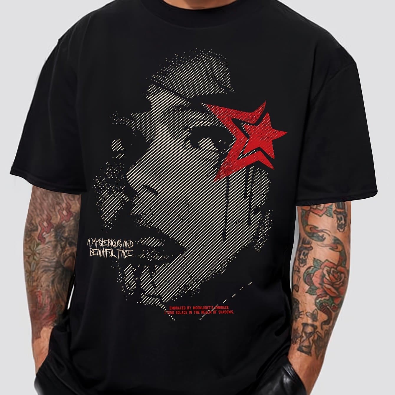 TEMU Men's Casual Sporty Loose-fit Black Short-sleeve T-shirt