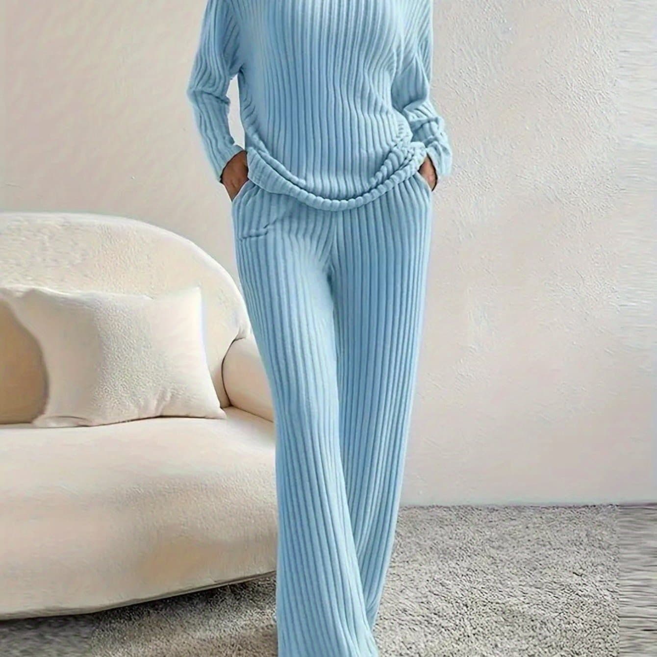 TEMU Spring Lounge Two-piece Set - Relaxed V-neck Ribbed Top & Straight Leg Pants Outfit