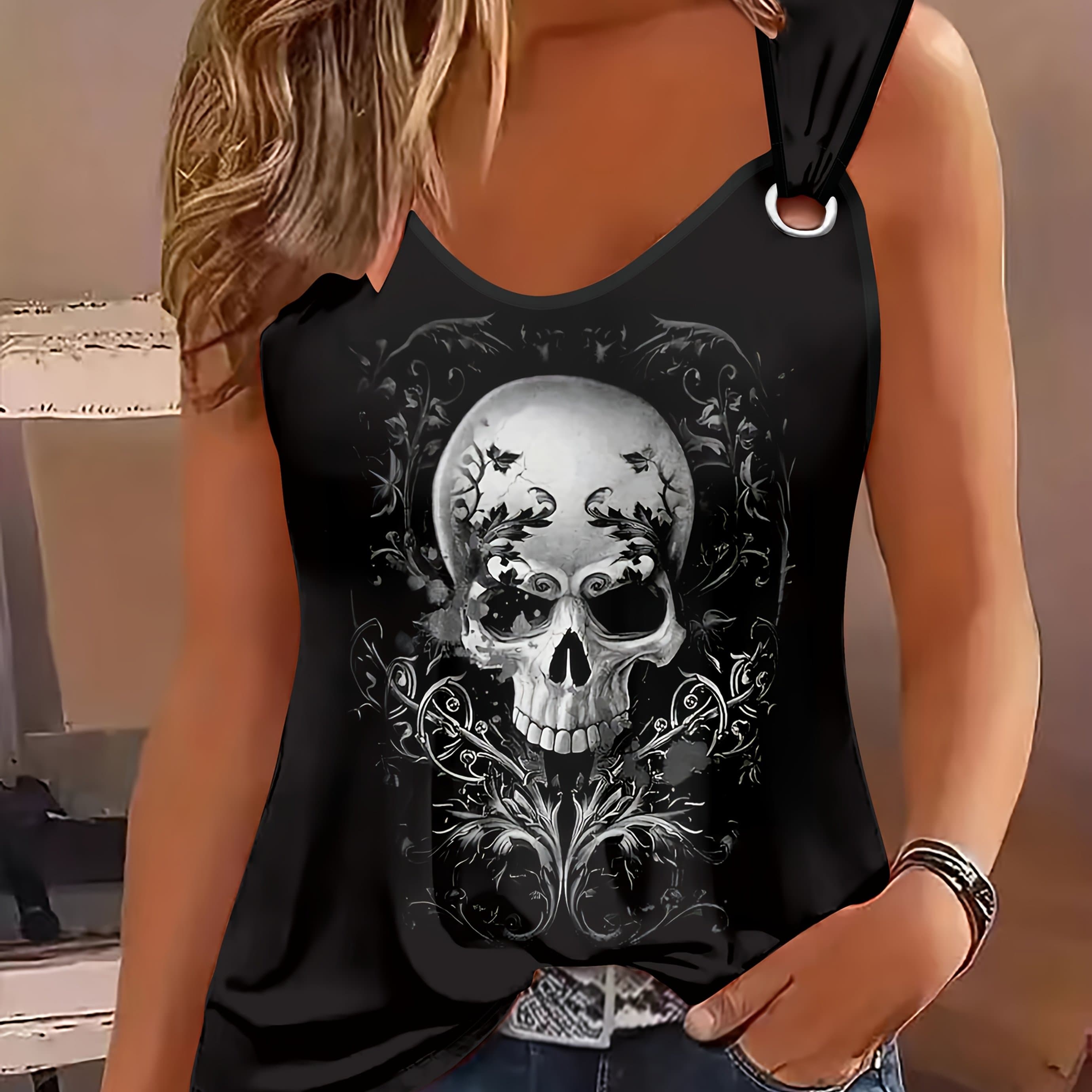 TEMU Women's Outdoor Casual Sports Skull Pattern Ring Vest