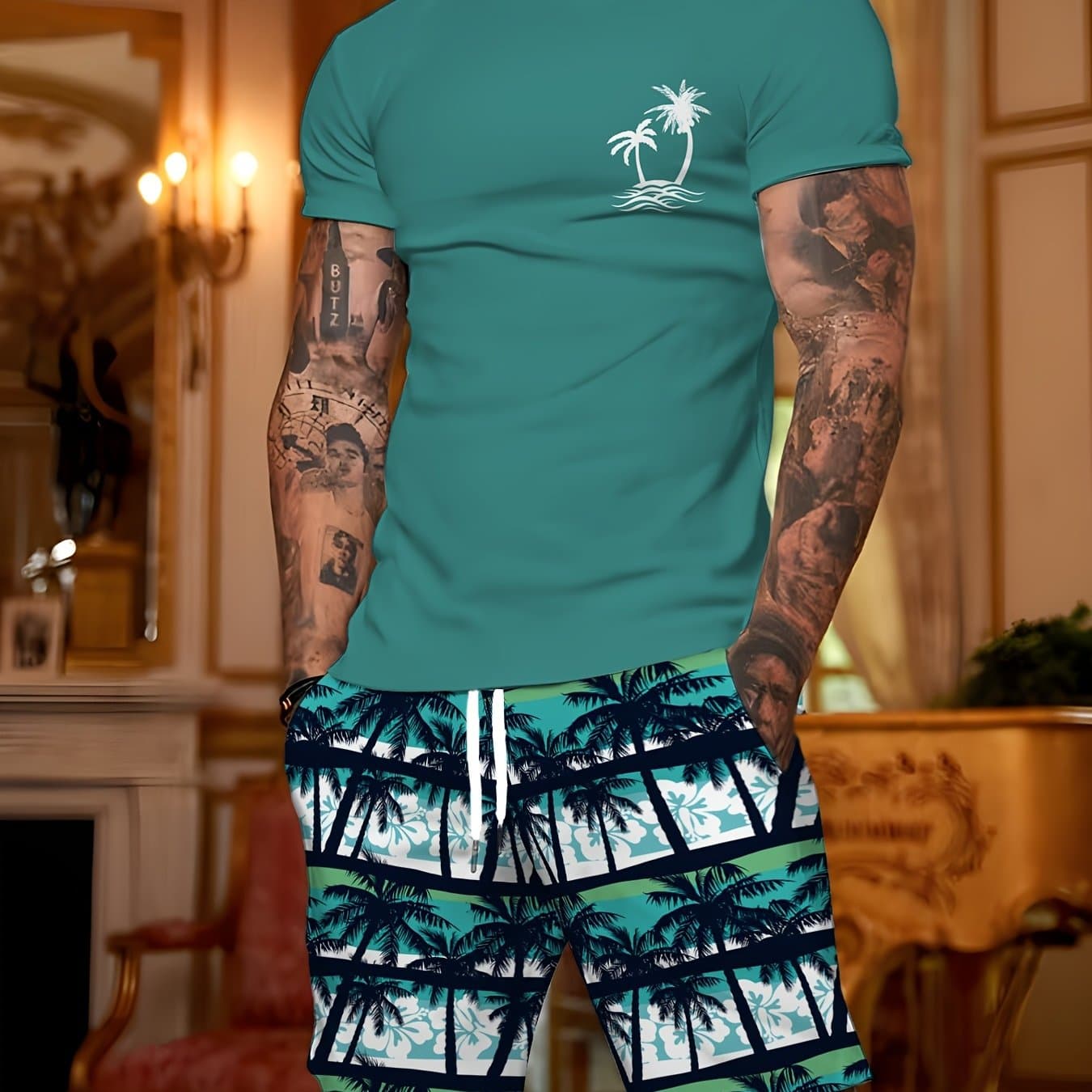 TEMU Men's Summer Beach Coconut Tree Print Two-piece Set | Comfortable And Breathable, Quick-drying, With Crew Neck And Regular Fit