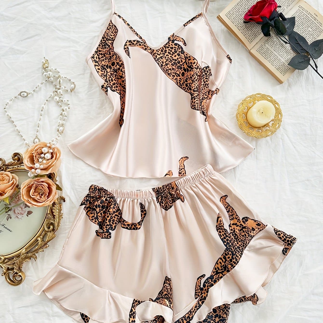 TEMU Leopard Print Suspenders Ruffle Shorts Pajama Set 2pcs
