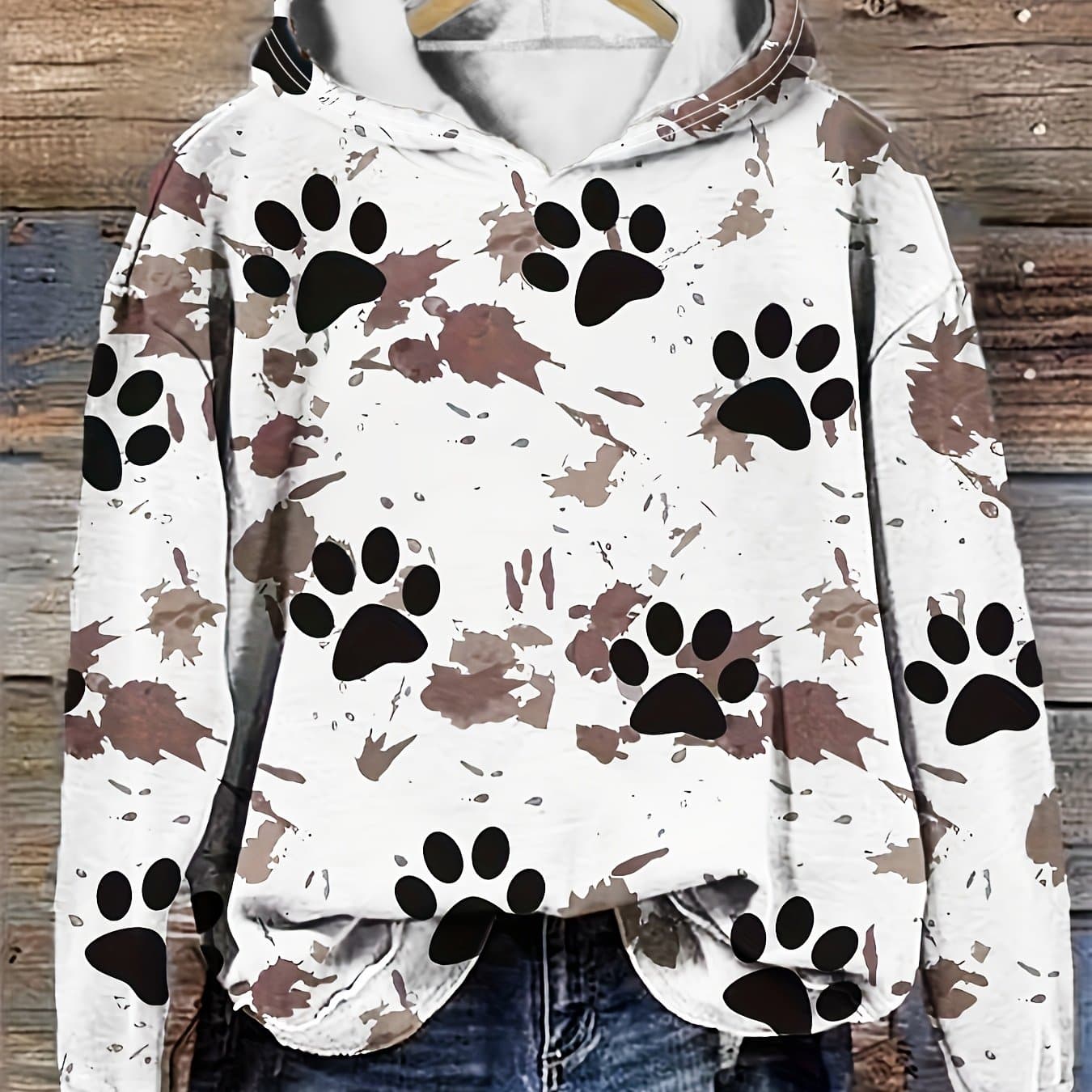 TEMU Casual Hoodie For Women Featuring A Paw Print Design - Comfortable Long-sleeve Pullover With Pocket, Made From A Stretchy Material, Machine Washable, Ideal For Autumn And Winter