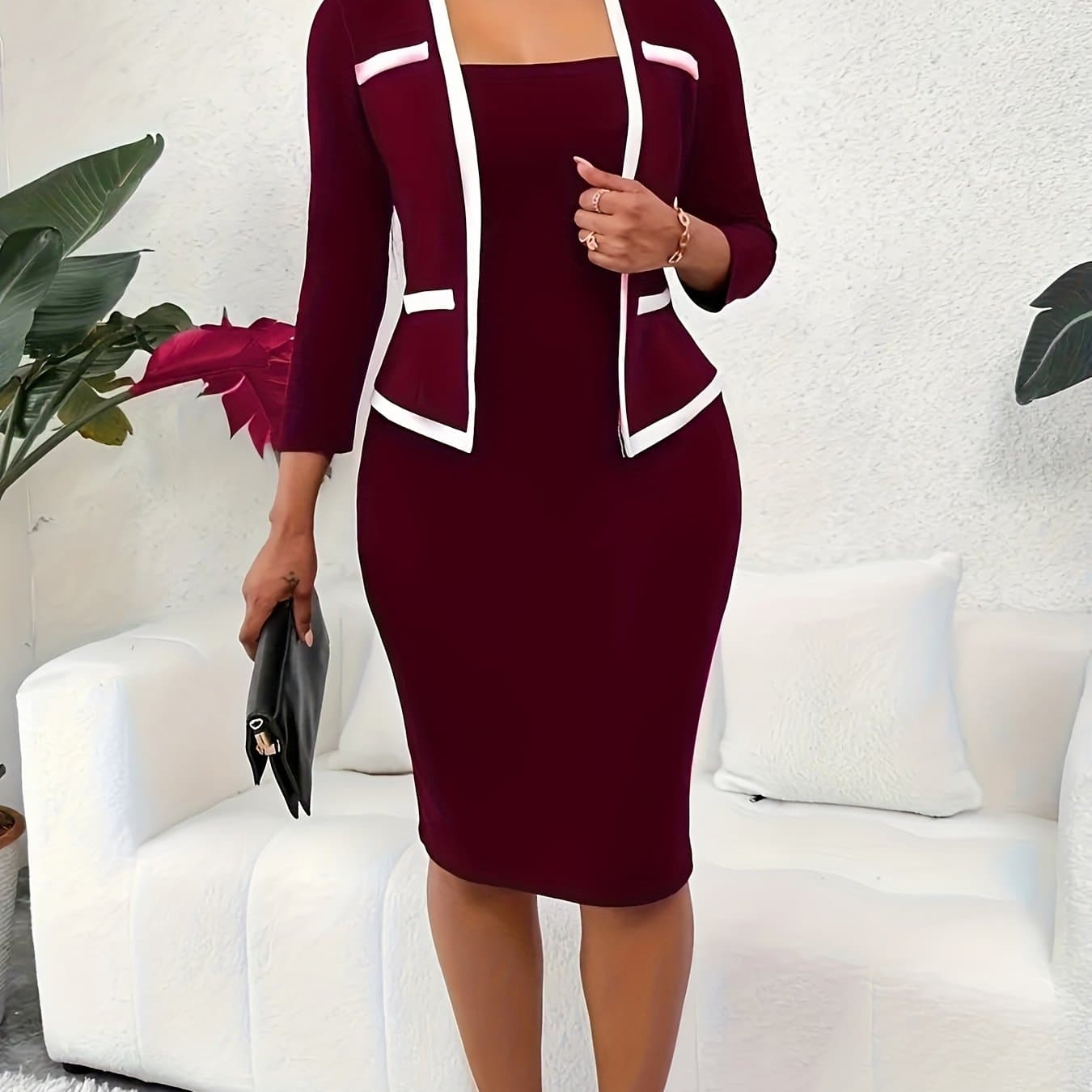 TEMU Stylish 2-in-1 Bodycon Dress With Contrast Trim - Long Sleeves, Form-fitting, Suitable For Office And More - Women's Professional Attire