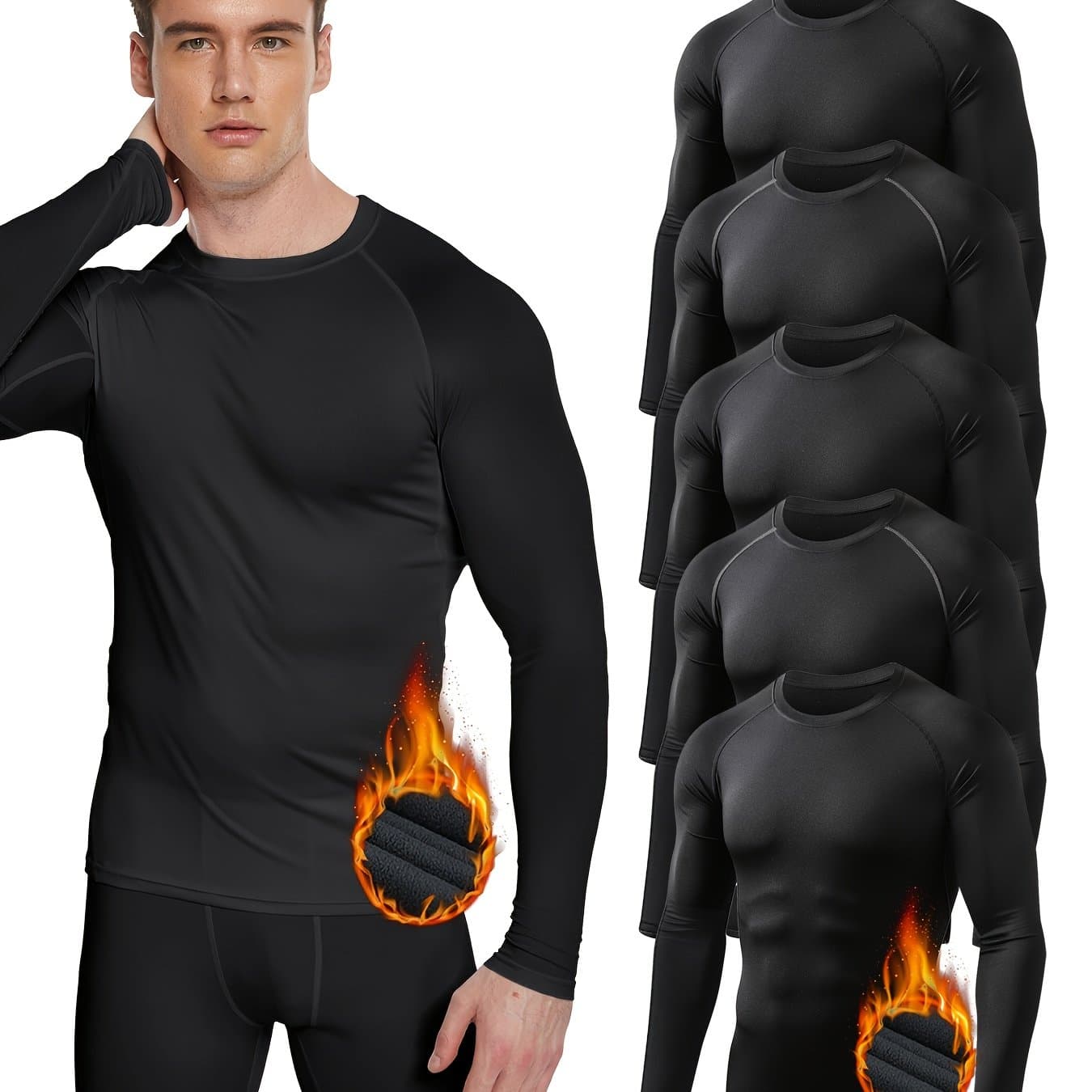 TEMU 5pcs Men's Thermal Compression Shirt Fleece Lined Long Sleeve Athletic Base Layer Cold Weather Gear Workout Top