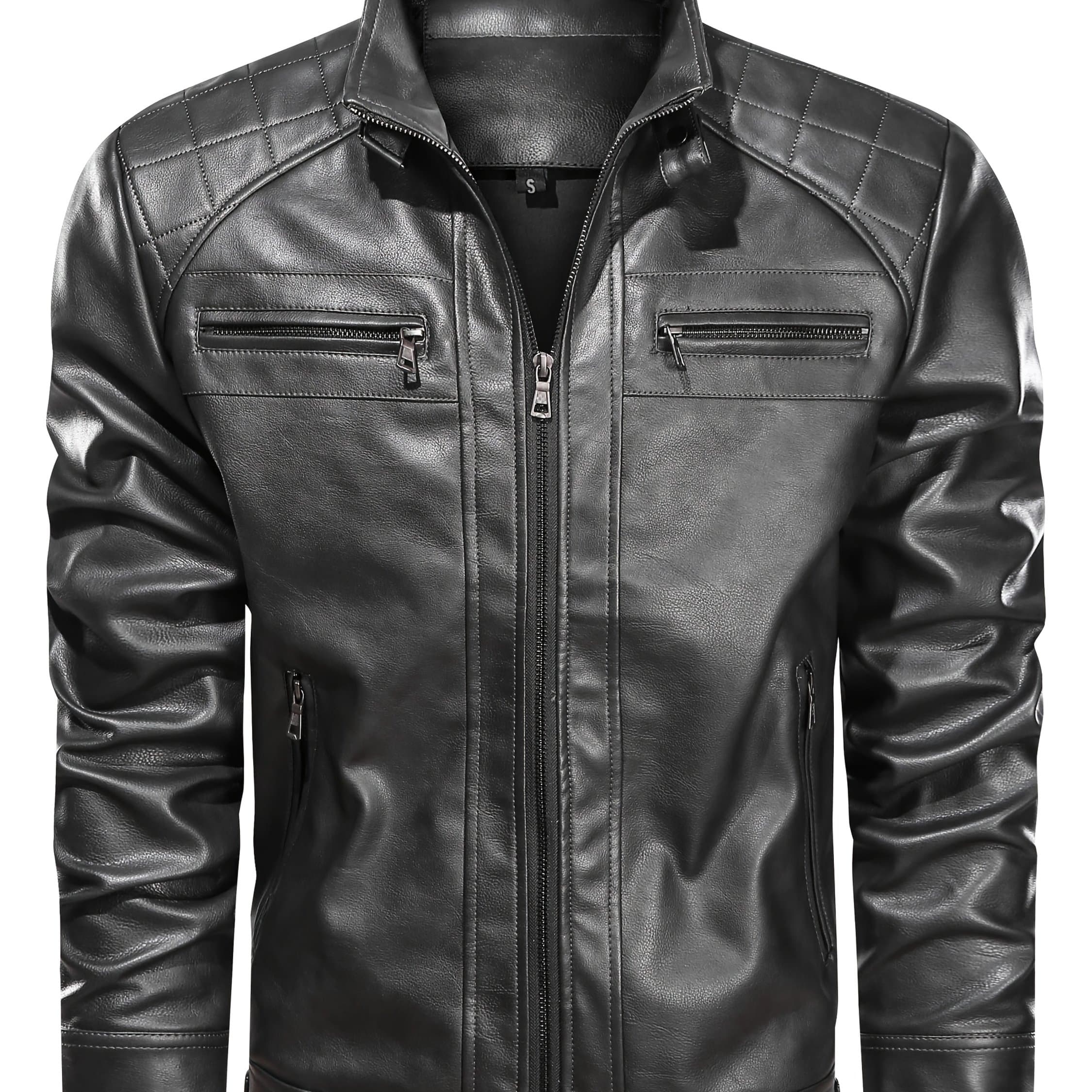 TEMU Men's Stand Collar Pu Leather Jacket Lightweight Pu Leather Motorcycle Casual Jacket