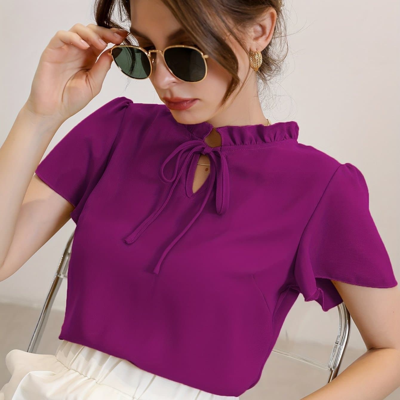 TEMU Elegant Directional Shirt With Puff Sleeves And A Tie Neck