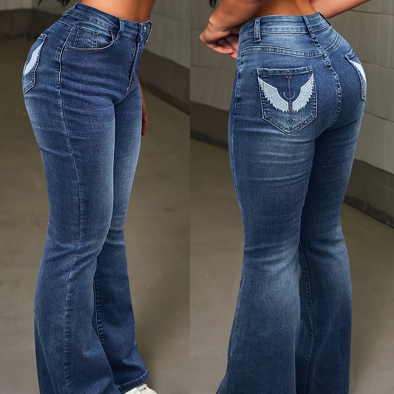 TEMU Women's High-waisted Bell-bottom Jeans With Embroidered Back Pocket - Slim-fit Stretch Denim Pants, Long Length, Button Fly Closure (no Included) For Casual & Dressy Wear
