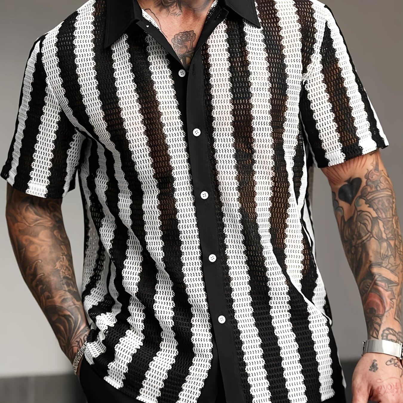 TEMU Men's Black And White Striped Hollow-out Short Sleeve Shirt Casual Top
