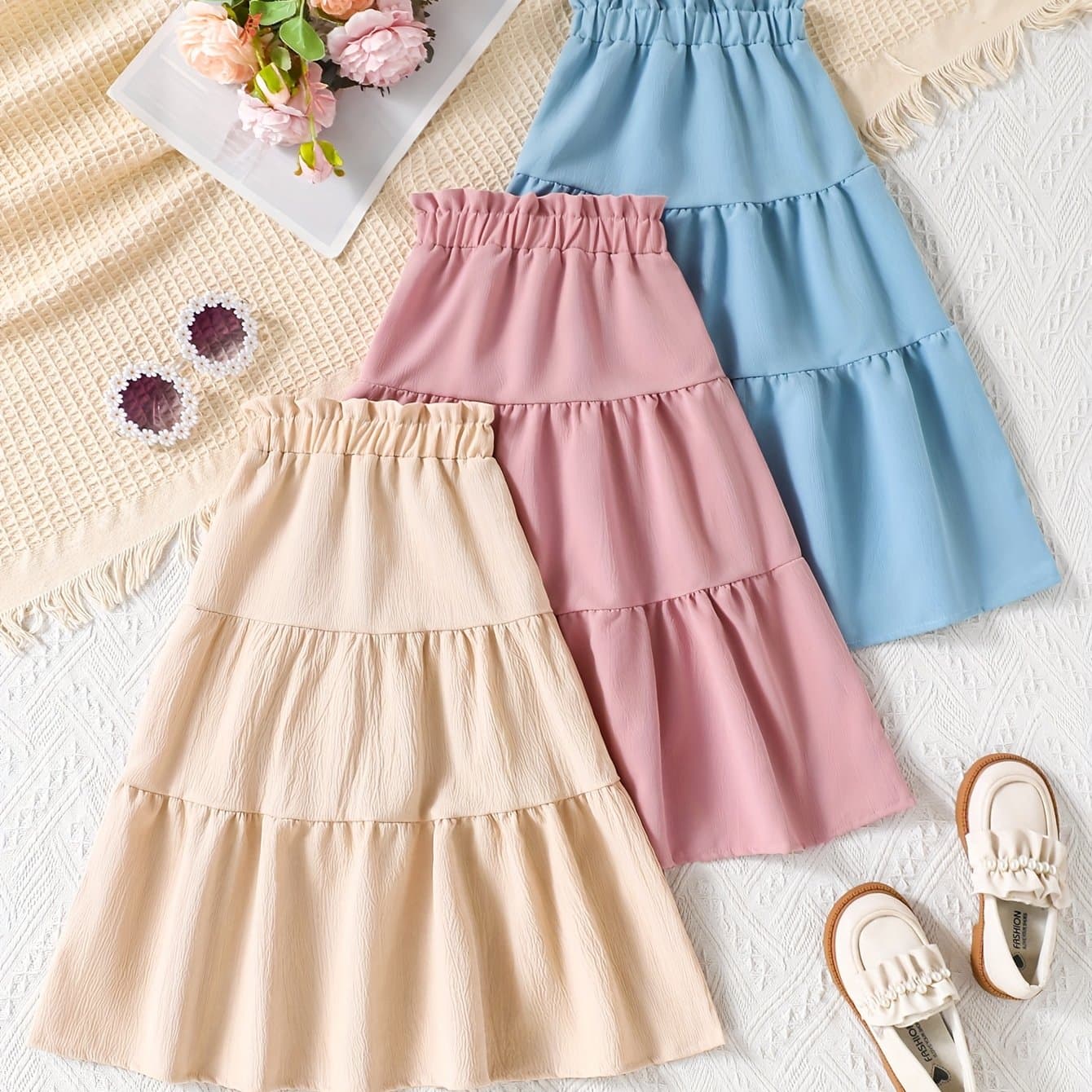 TEMU 3pcs Young Girl Vacation Country Style Comfortable Solid Color Skirts, Suitable As A Gift For Daughter
