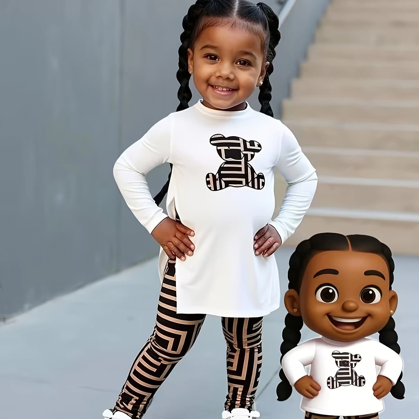 TEMU Spring/autumn Style Infant & Toddler Girl's Round Neck Cartoon Print Long Sleeve Top And Geometric Print Long Pants Casual 2pcs Set, Development, Perfect For Outdoor