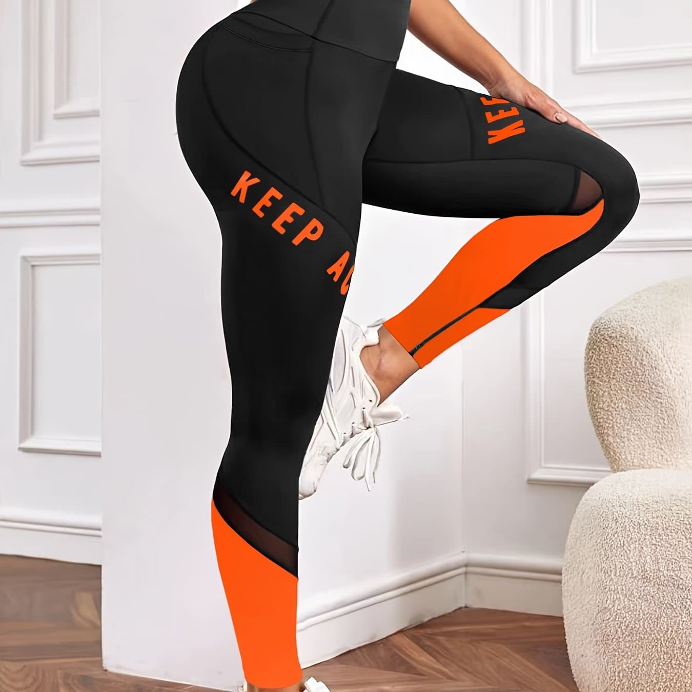 TEMU Casual Women's Color- Mesh Letter Print Pocket Comfortable Elastic Waist Versatile Fitted Yoga Leggings.